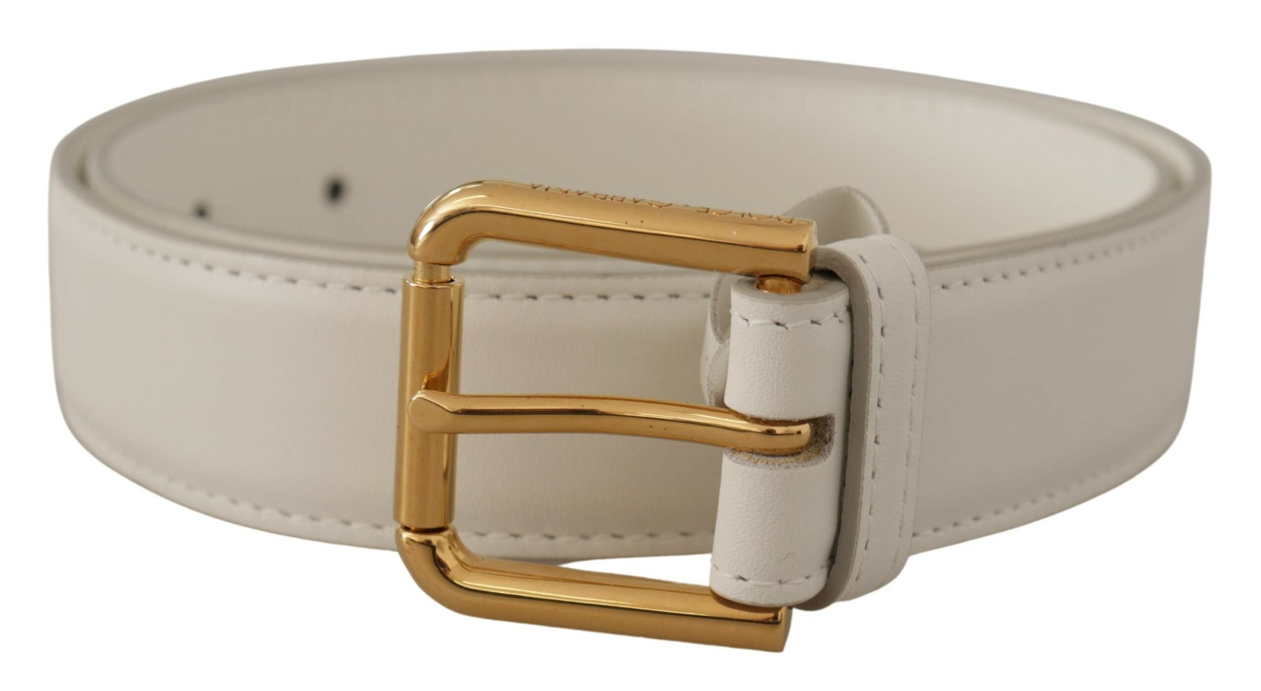 Witte kalfsleren riem met gouden logo en metalen gesp