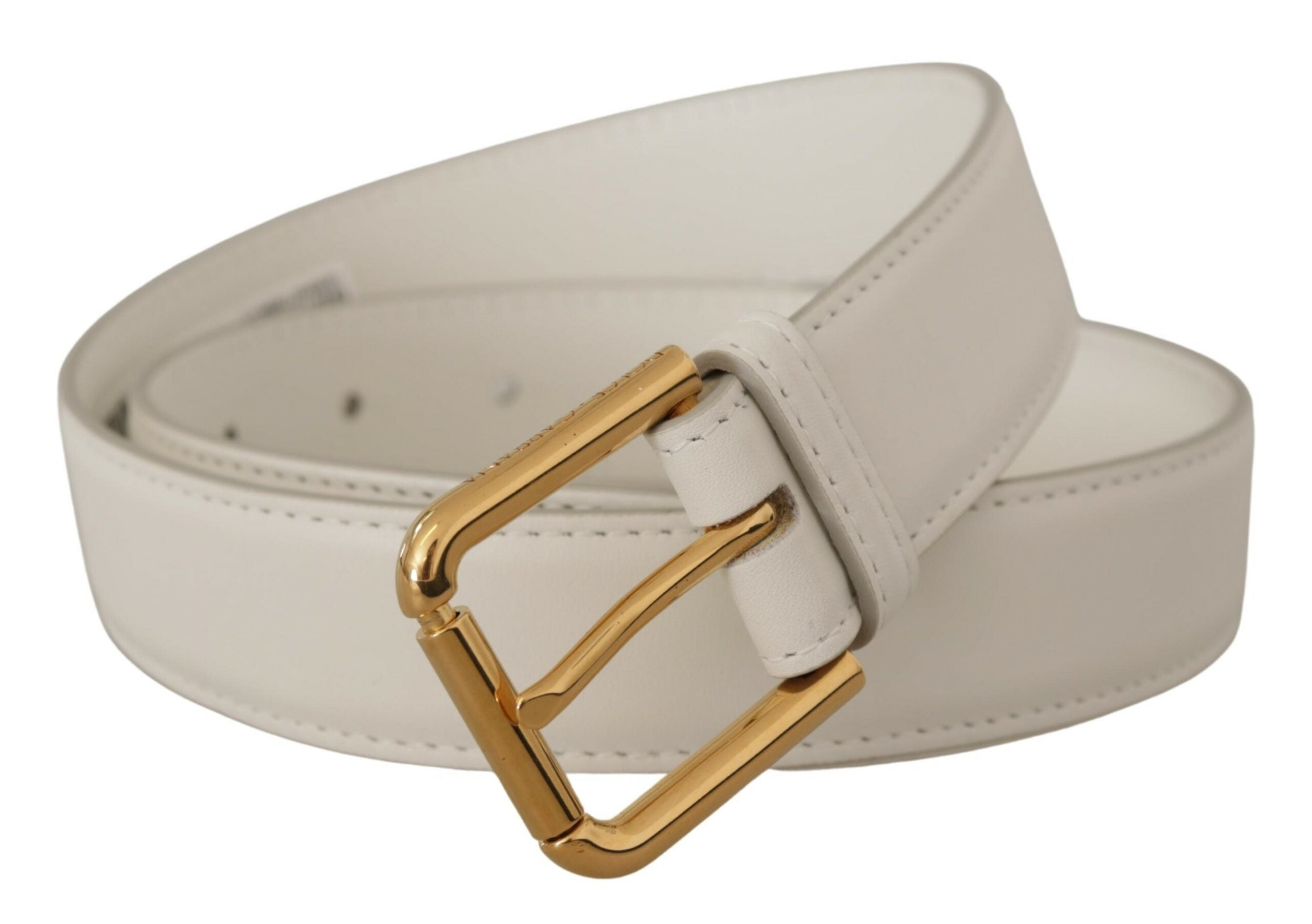 Witte kalfsleren riem met gouden logo en metalen gesp