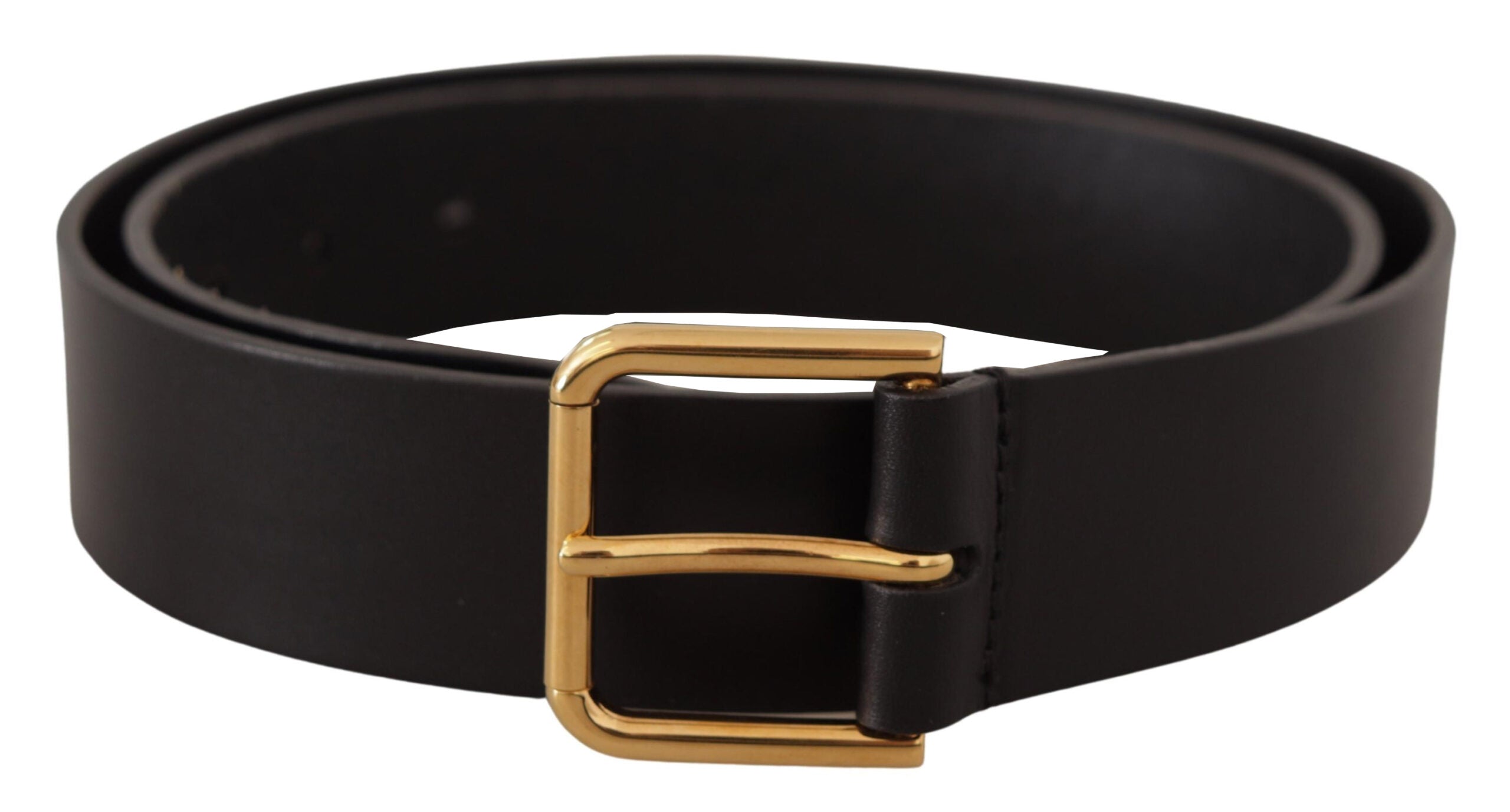 Zwarte kalfsleren riem met gouden logo en metalen gesp