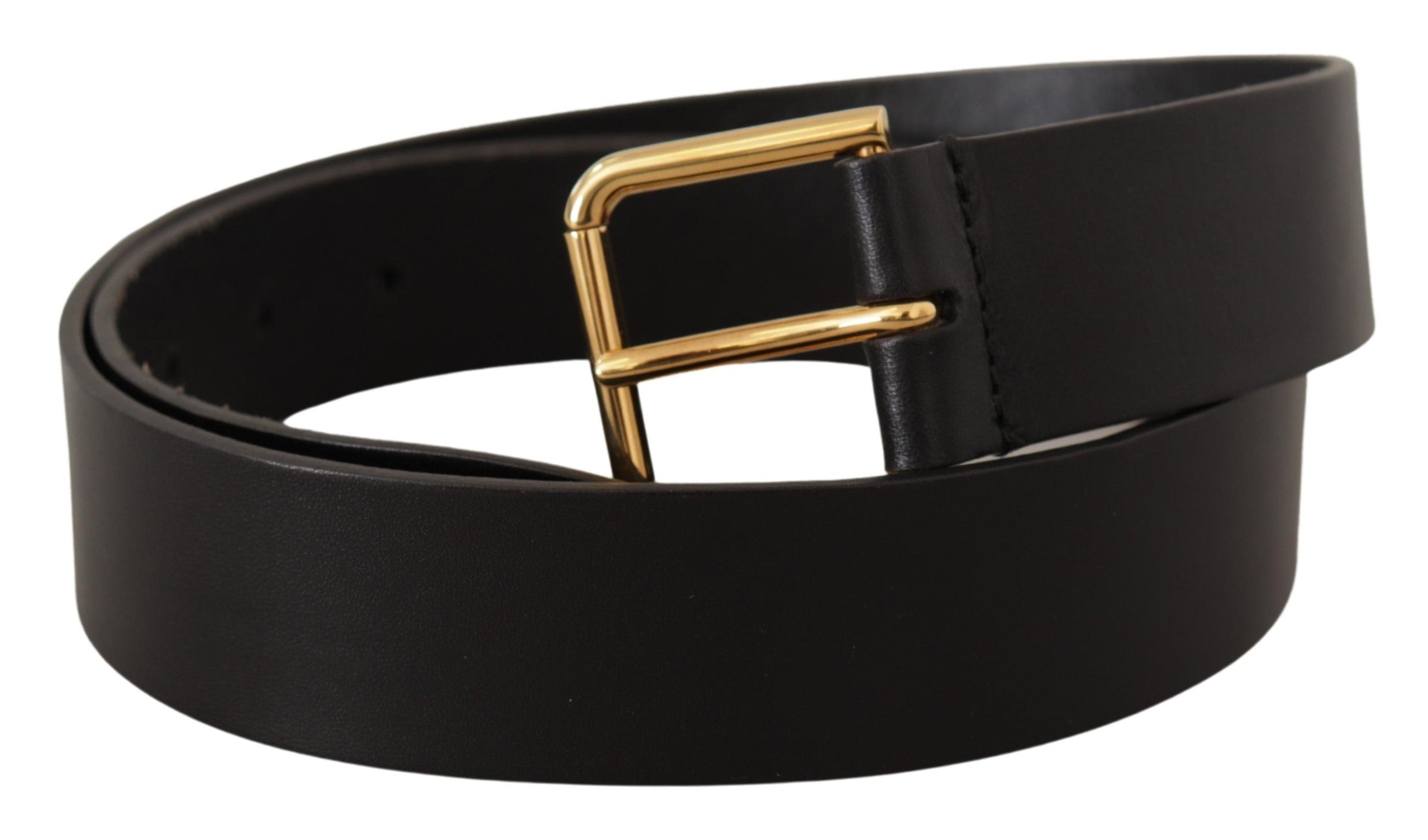 Zwarte kalfsleren riem met gouden logo en metalen gesp