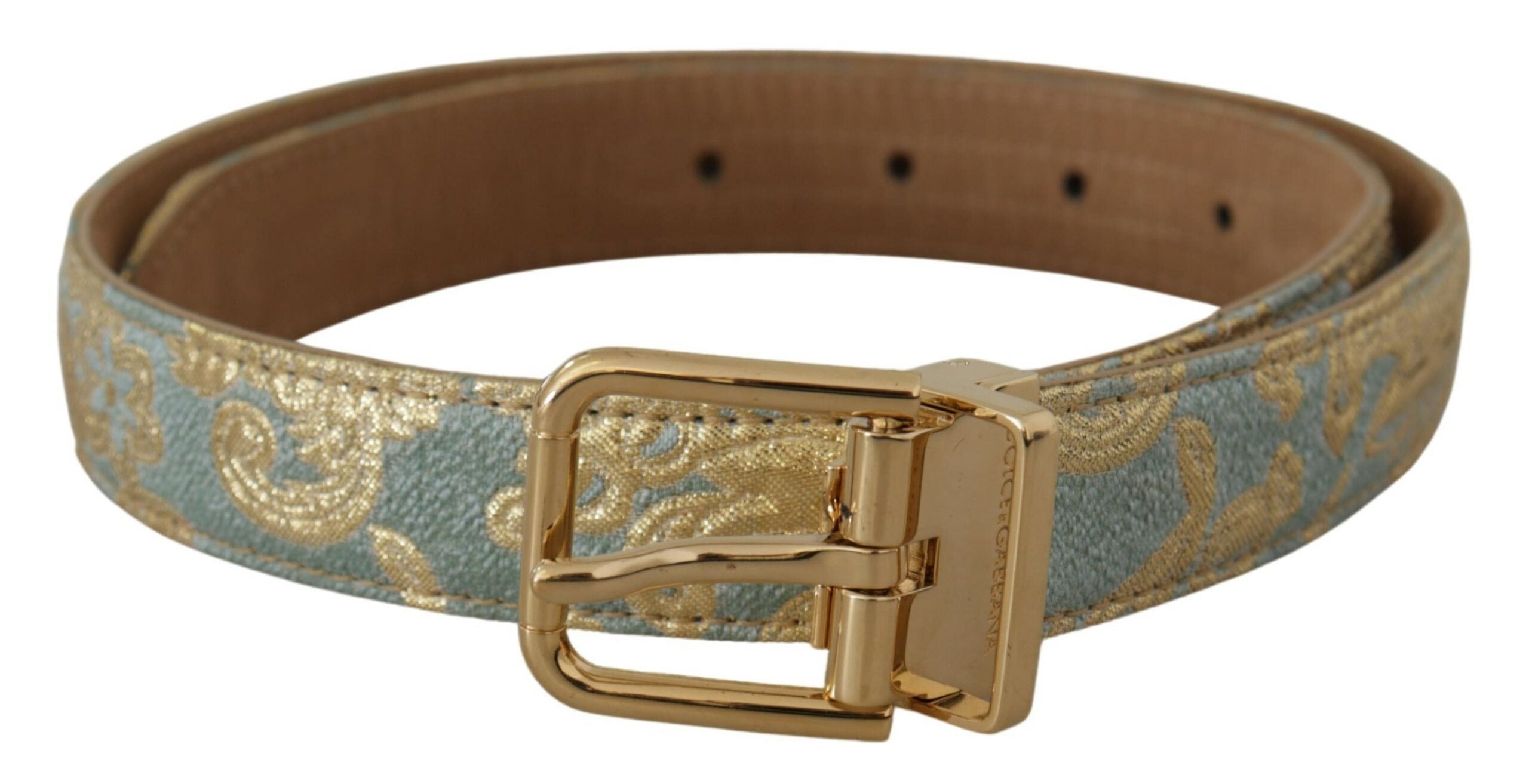 Blauwe leren jacquard reliëf riem met gouden metalen gesp