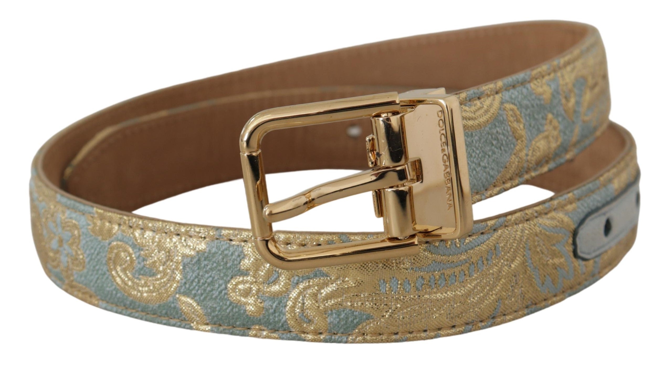 Blauwe leren jacquard reliëf riem met gouden metalen gesp