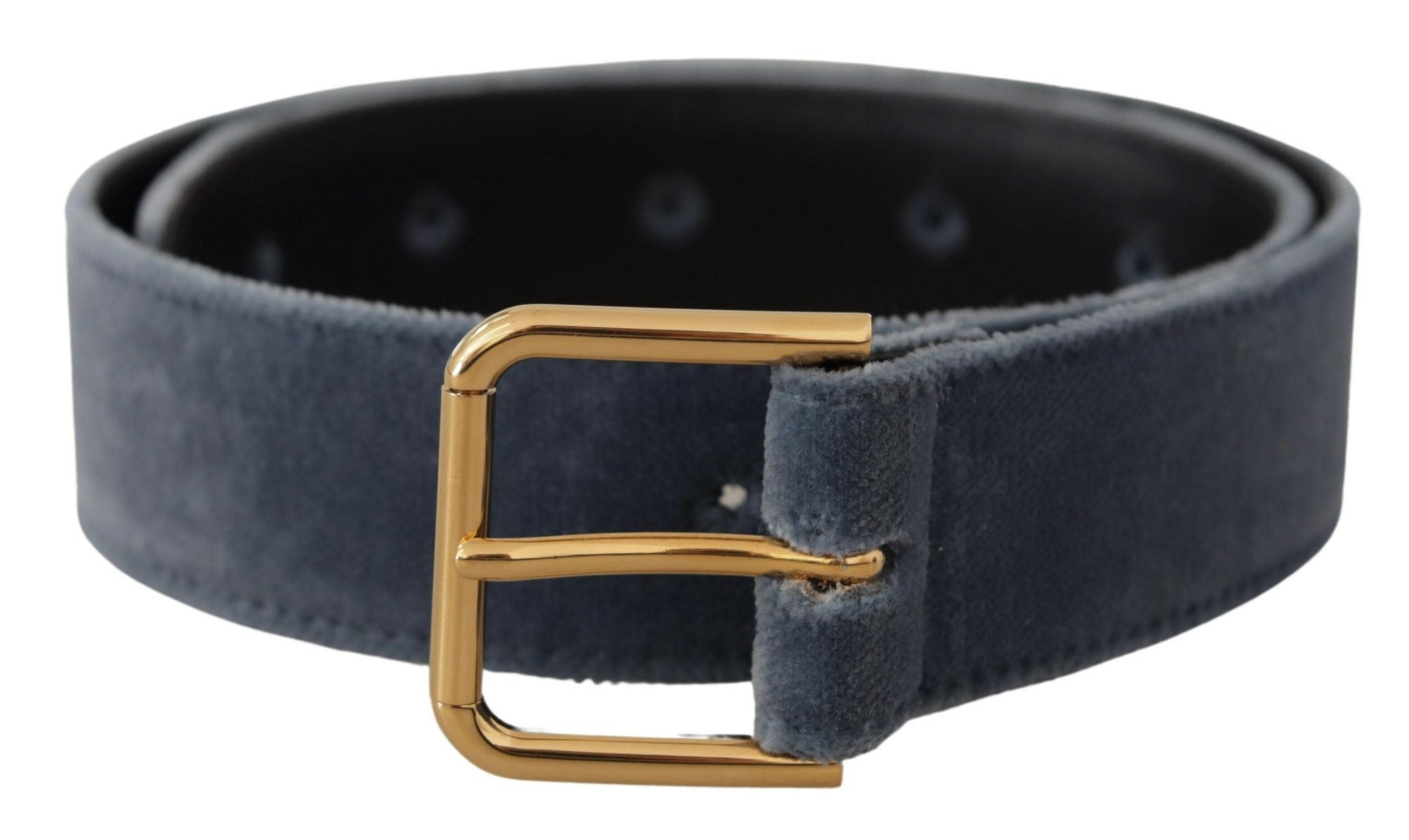 Marineblauwe fluwelen tailleriem met metalen logo en gouden gesp