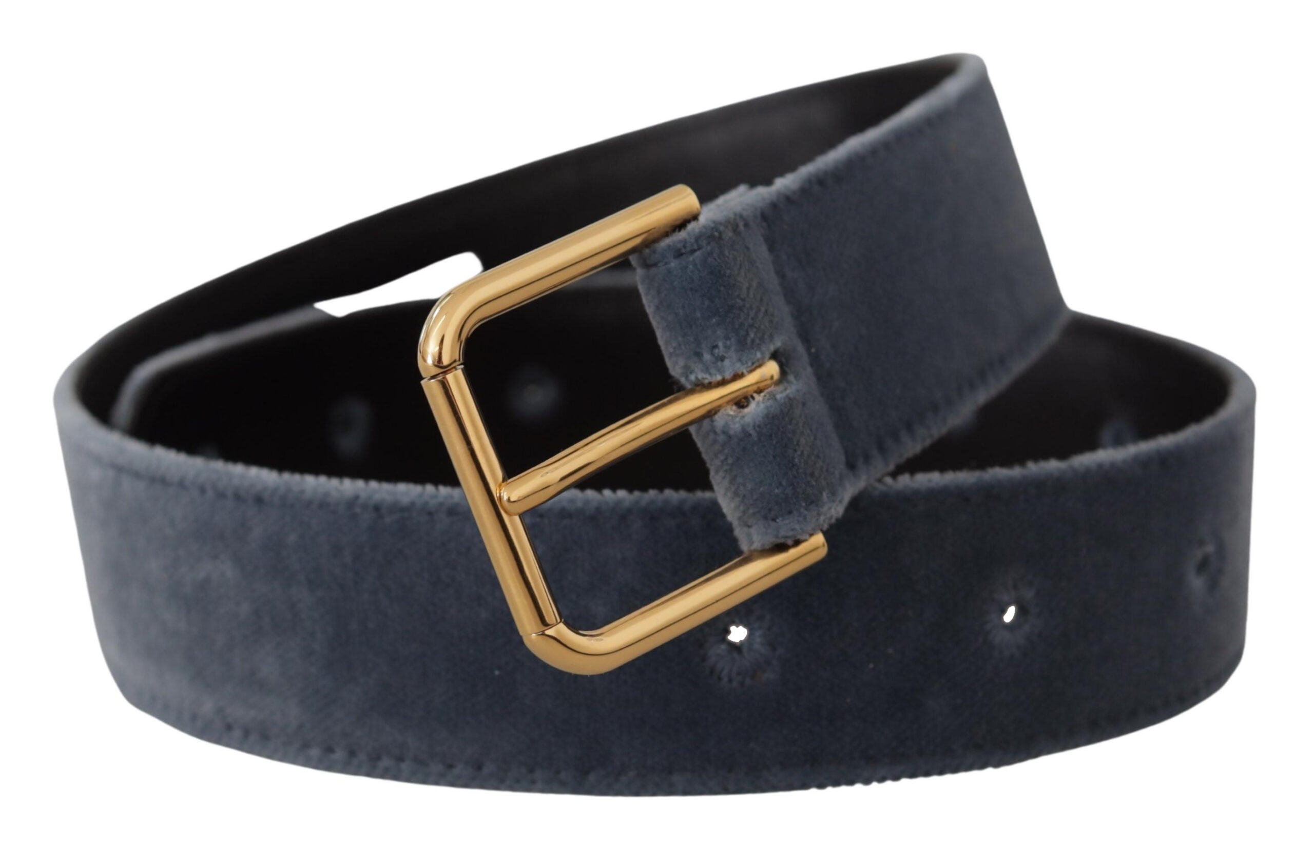Marineblauwe fluwelen tailleriem met metalen logo en gouden gesp