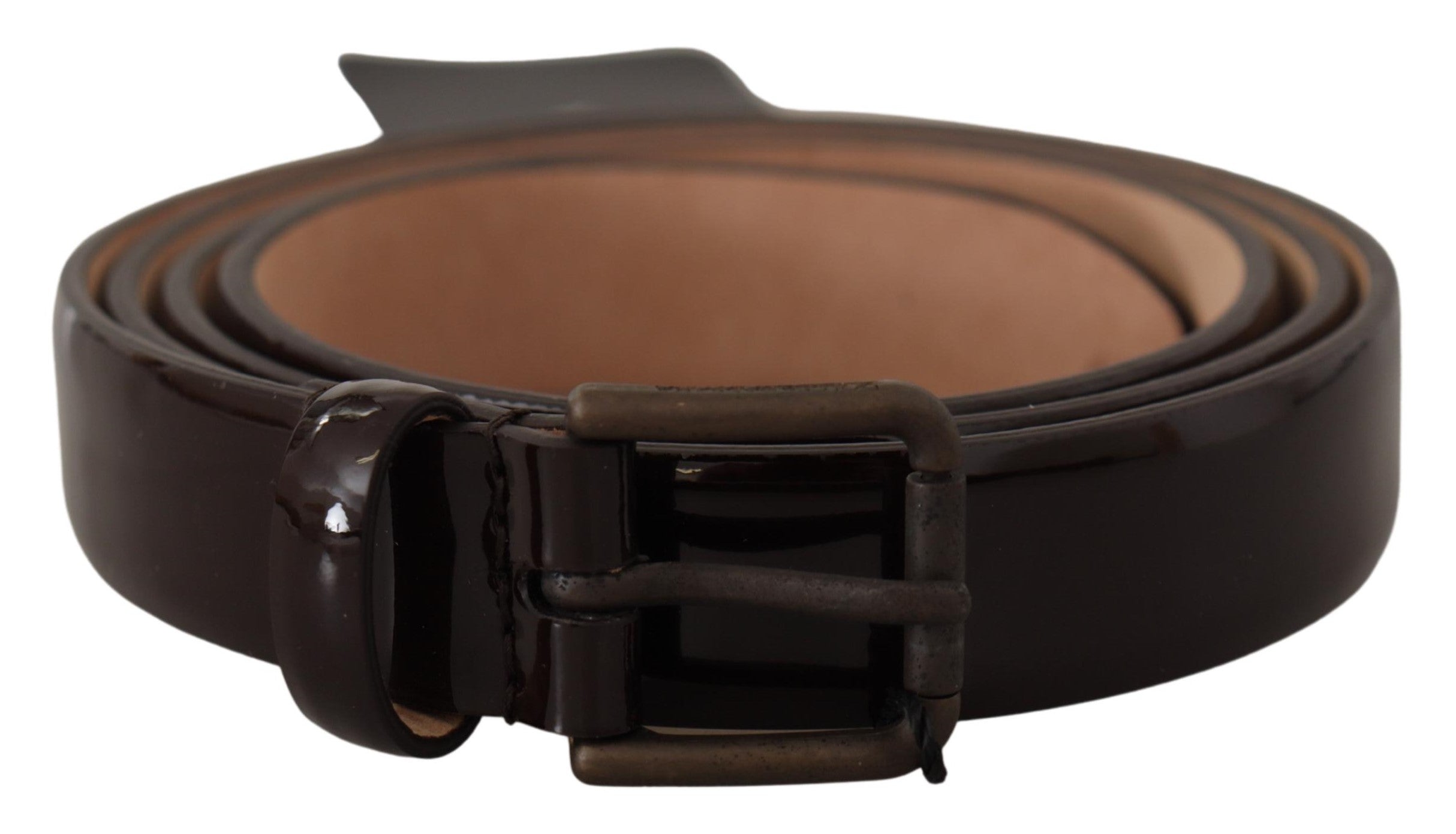 Zwarte lakleren riem met metalen gesp en logo