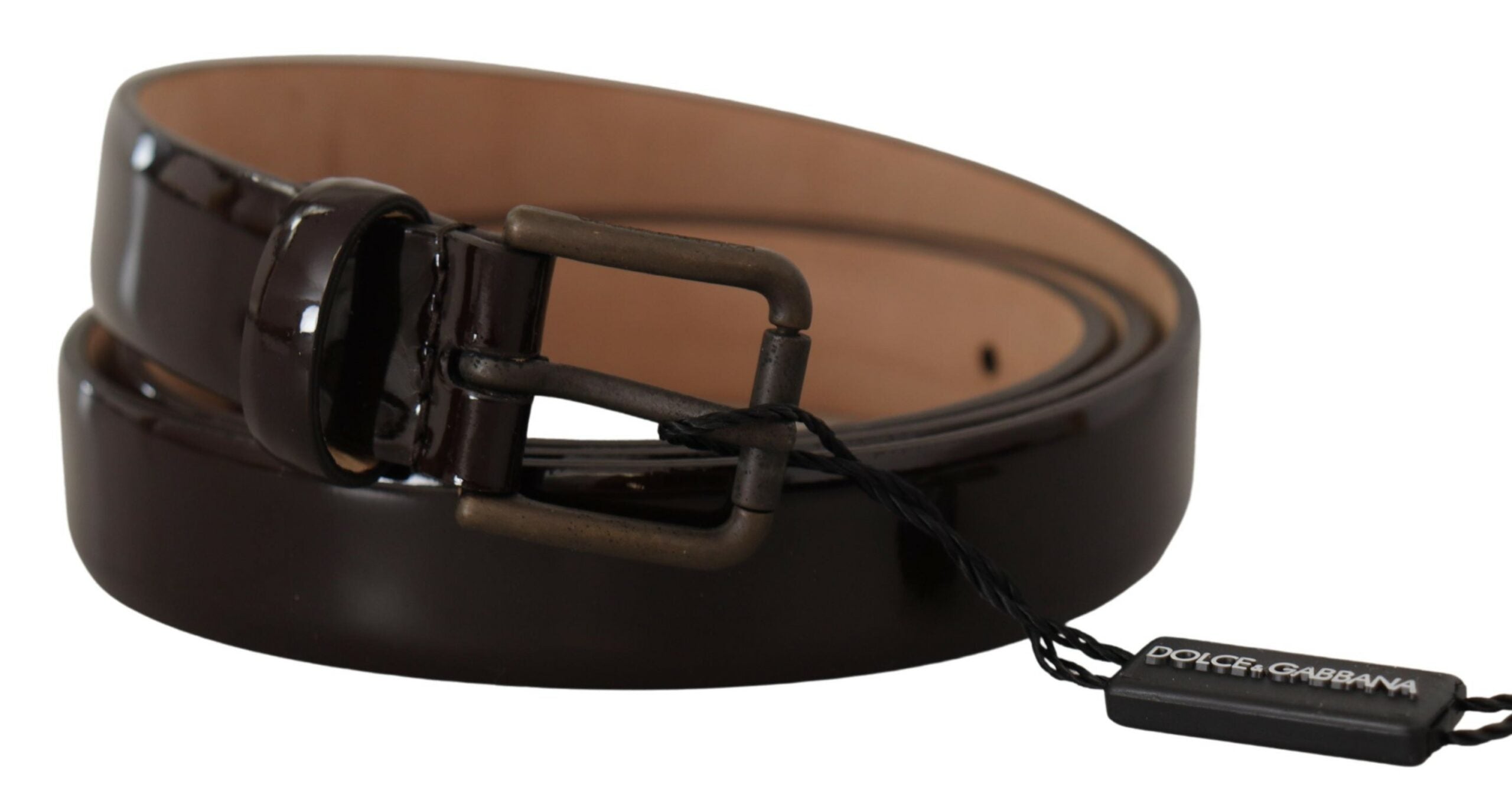 Zwarte lakleren riem met metalen gesp en logo