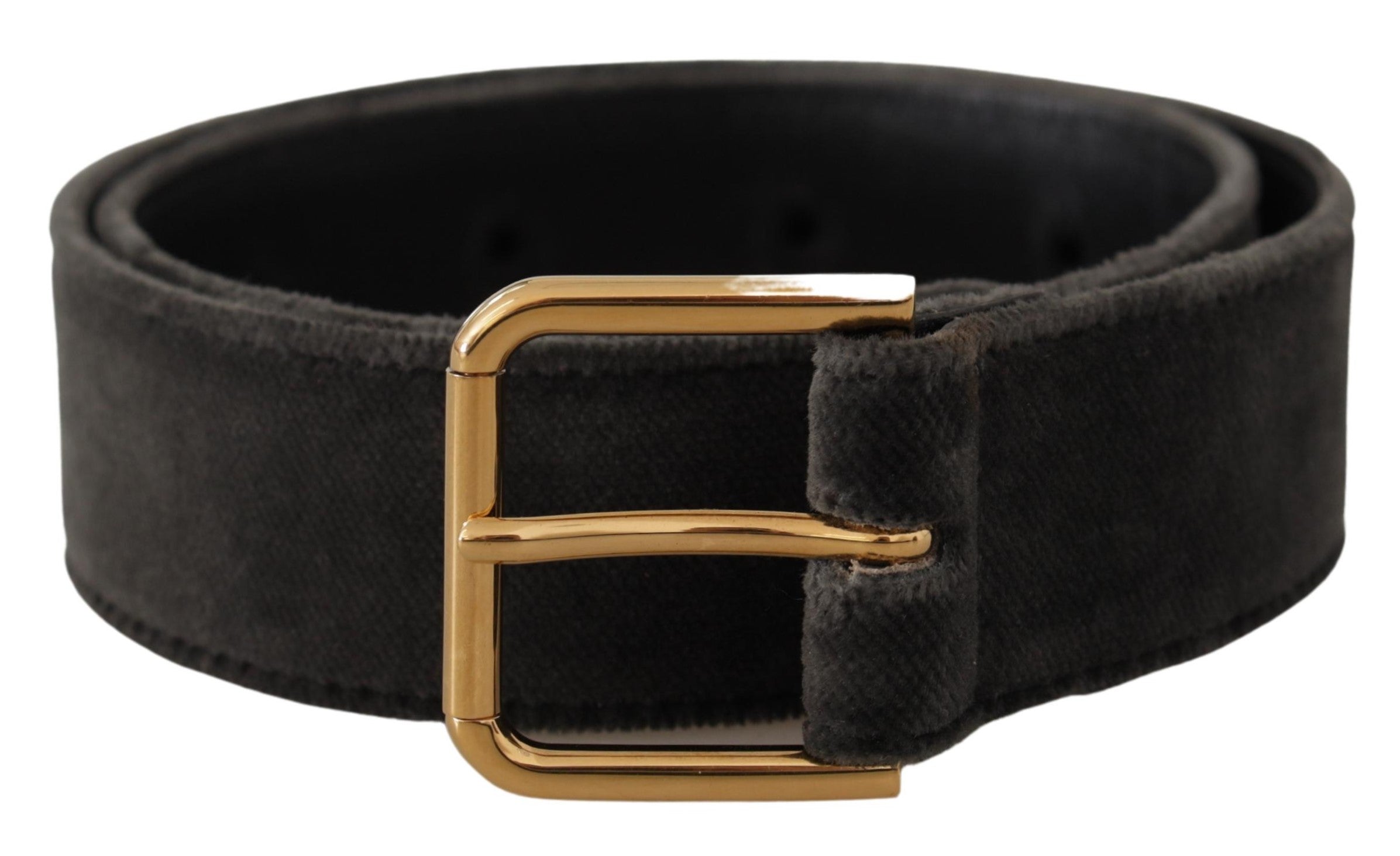 Bruine fluwelen riem met gouden logo en metalen gesp