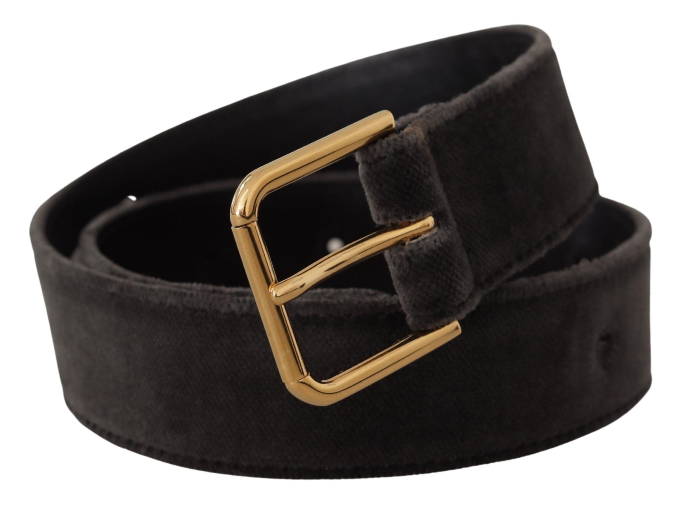 Bruine fluwelen riem met gouden logo en metalen gesp