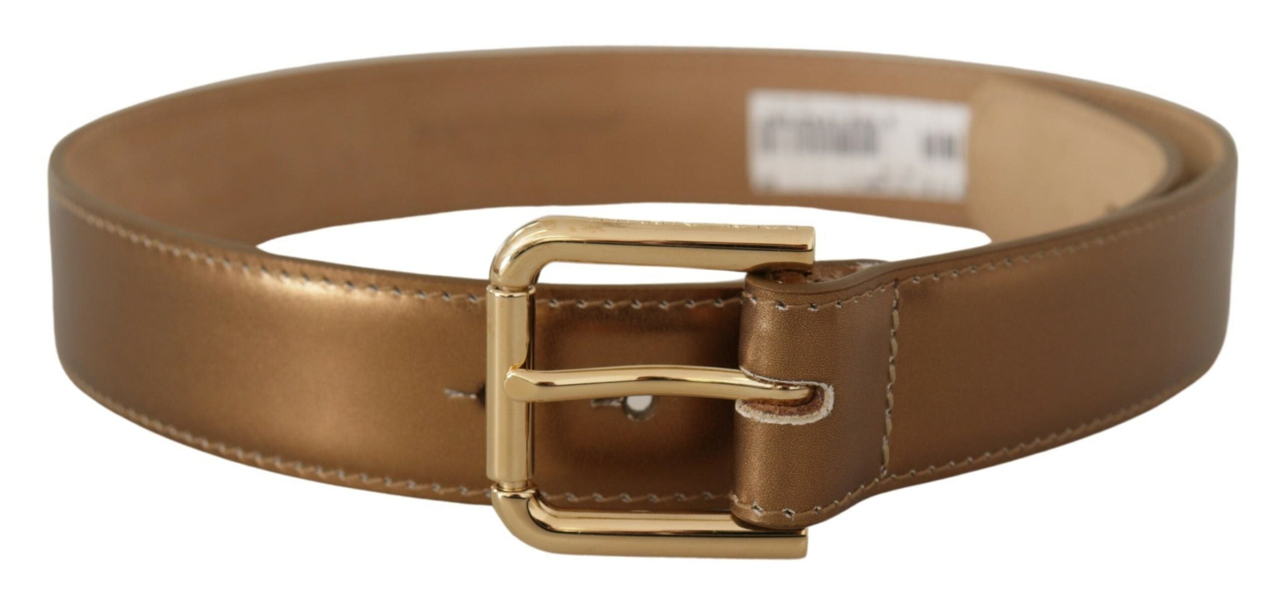 Bronzen leren riem met gouden logo en gegraveerde taillegesp