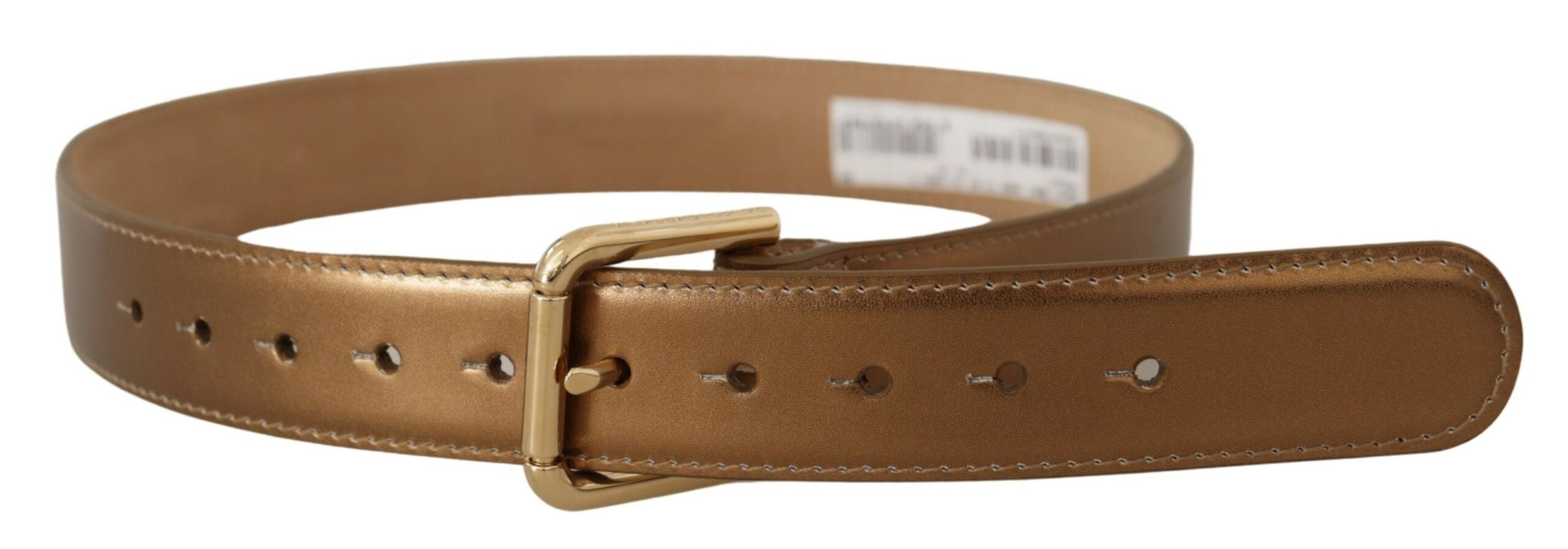 Bronzen leren riem met gouden logo en gegraveerde taillegesp
