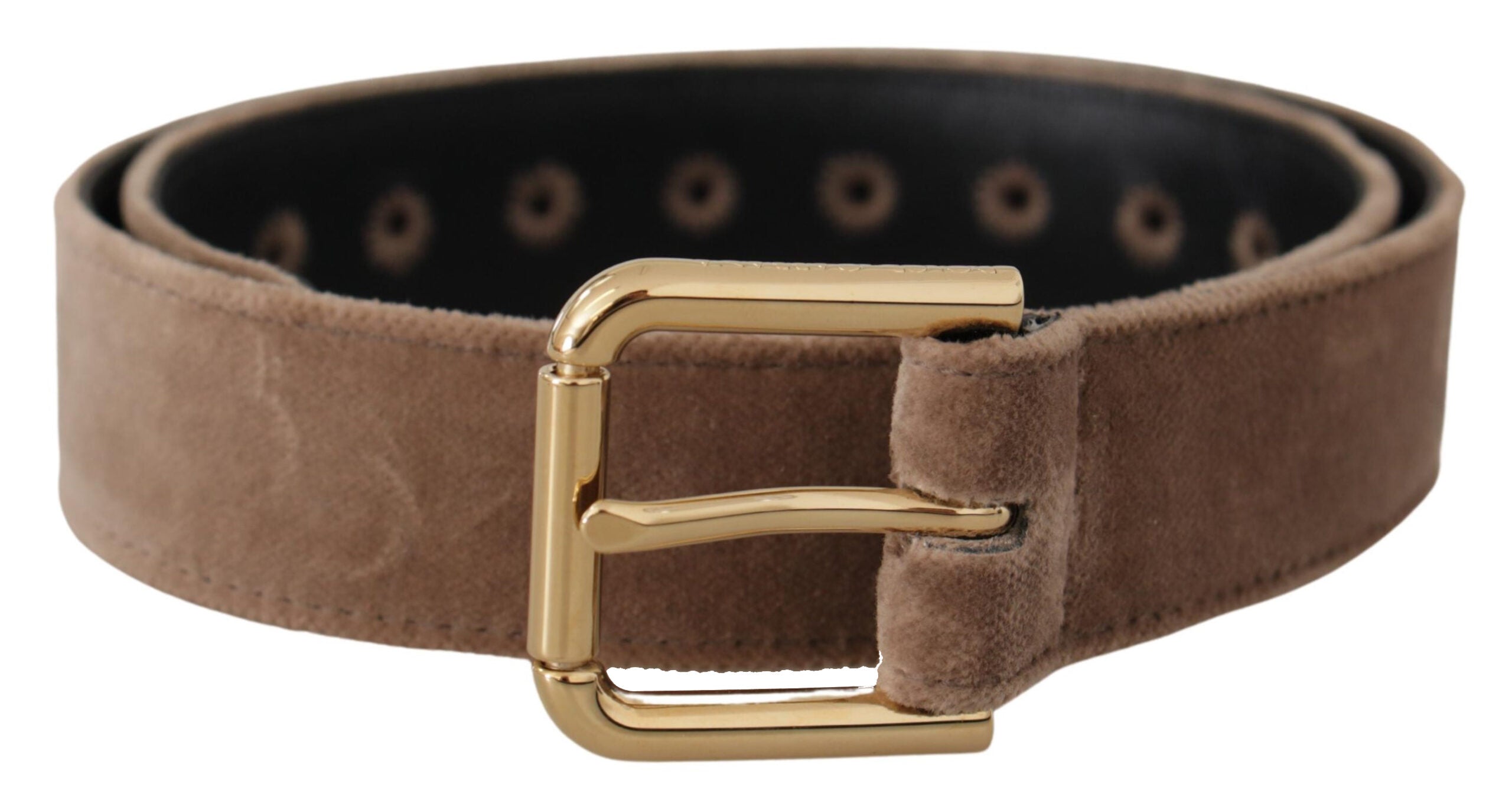 Lichtbruine fluwelen riem met gouden logo en metalen gesp
