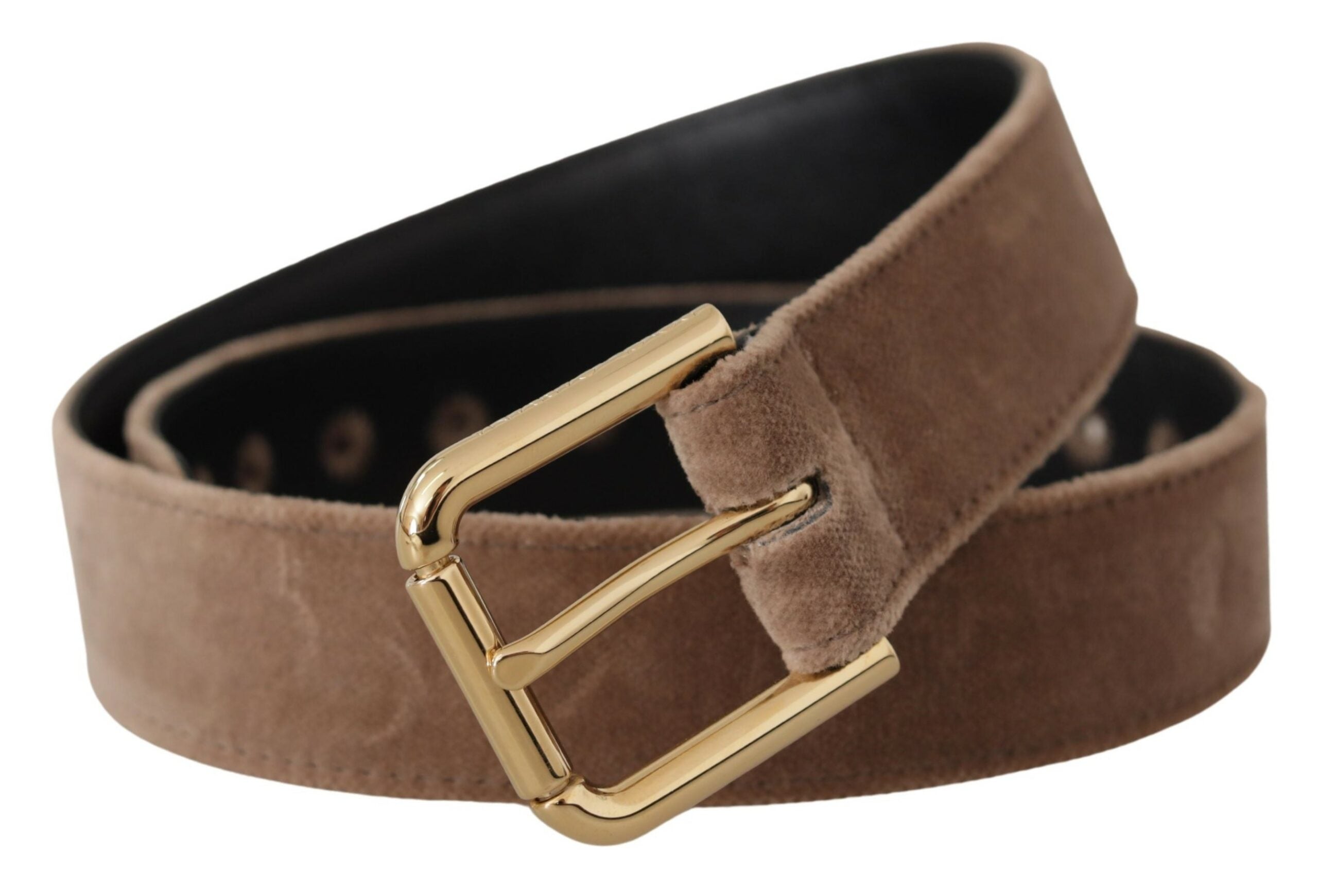 Lichtbruine fluwelen riem met gouden logo en metalen gesp