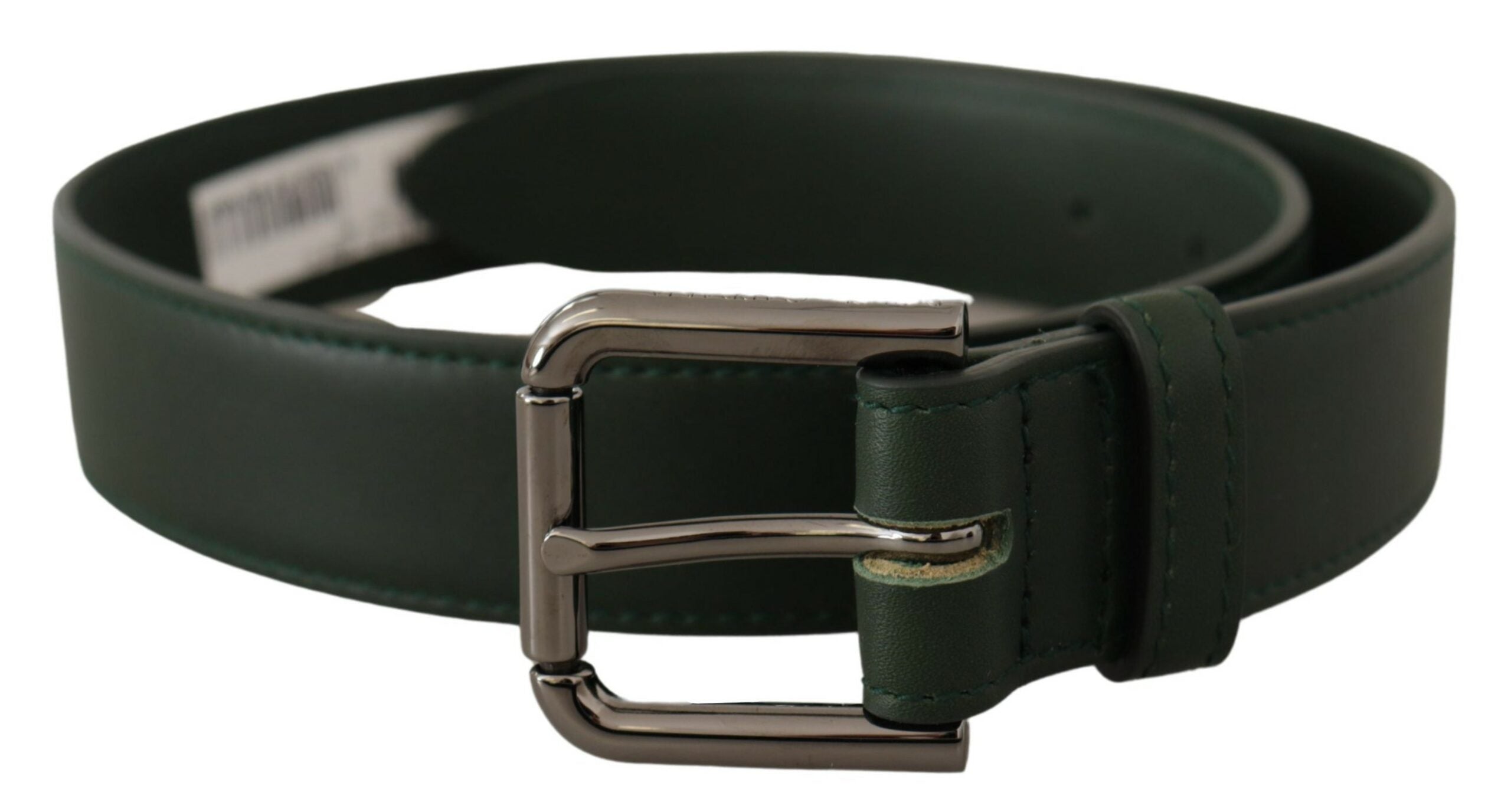 Legergroene leren riem met metalen gesp en logo