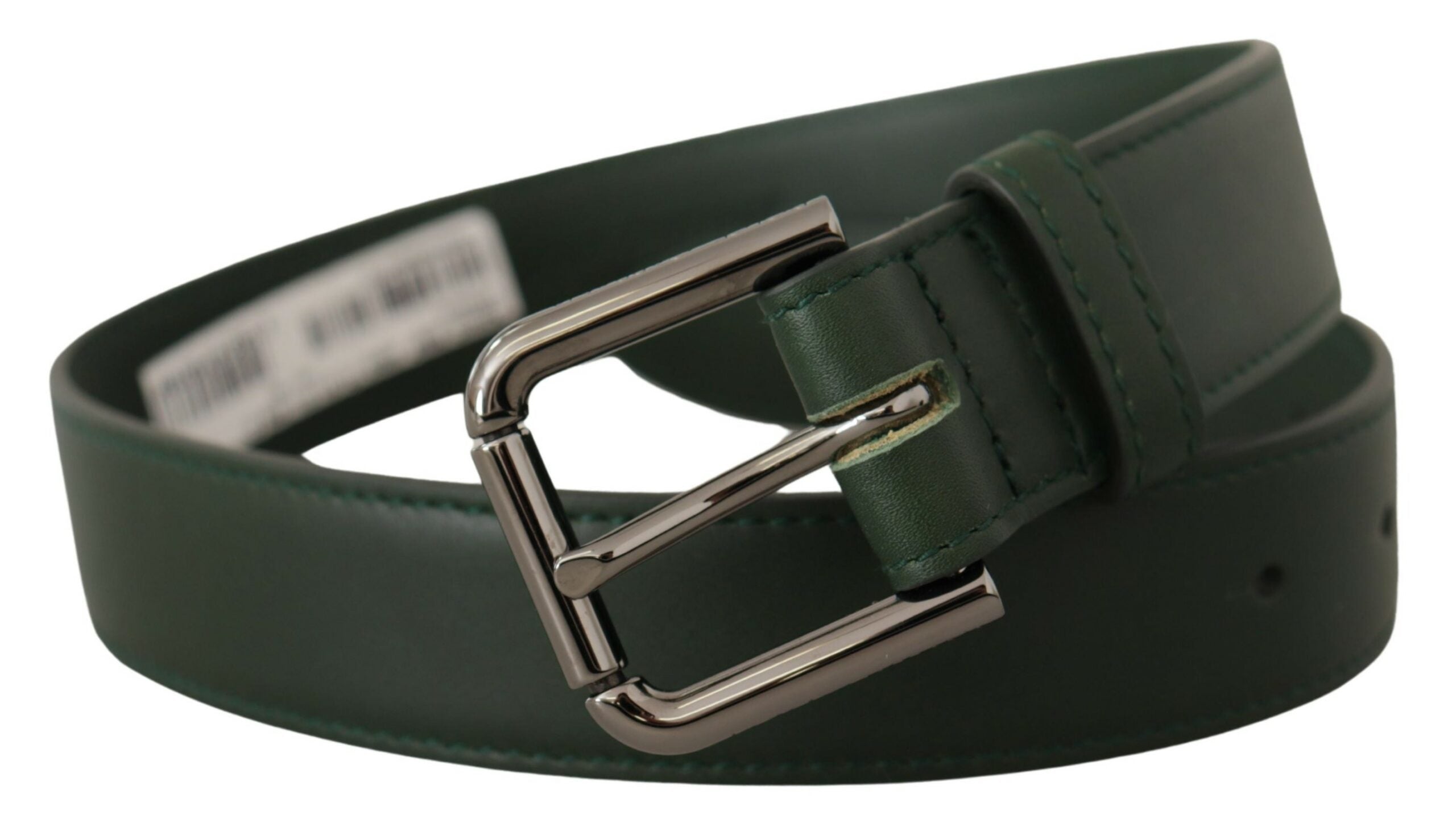 Legergroene leren riem met metalen gesp en logo