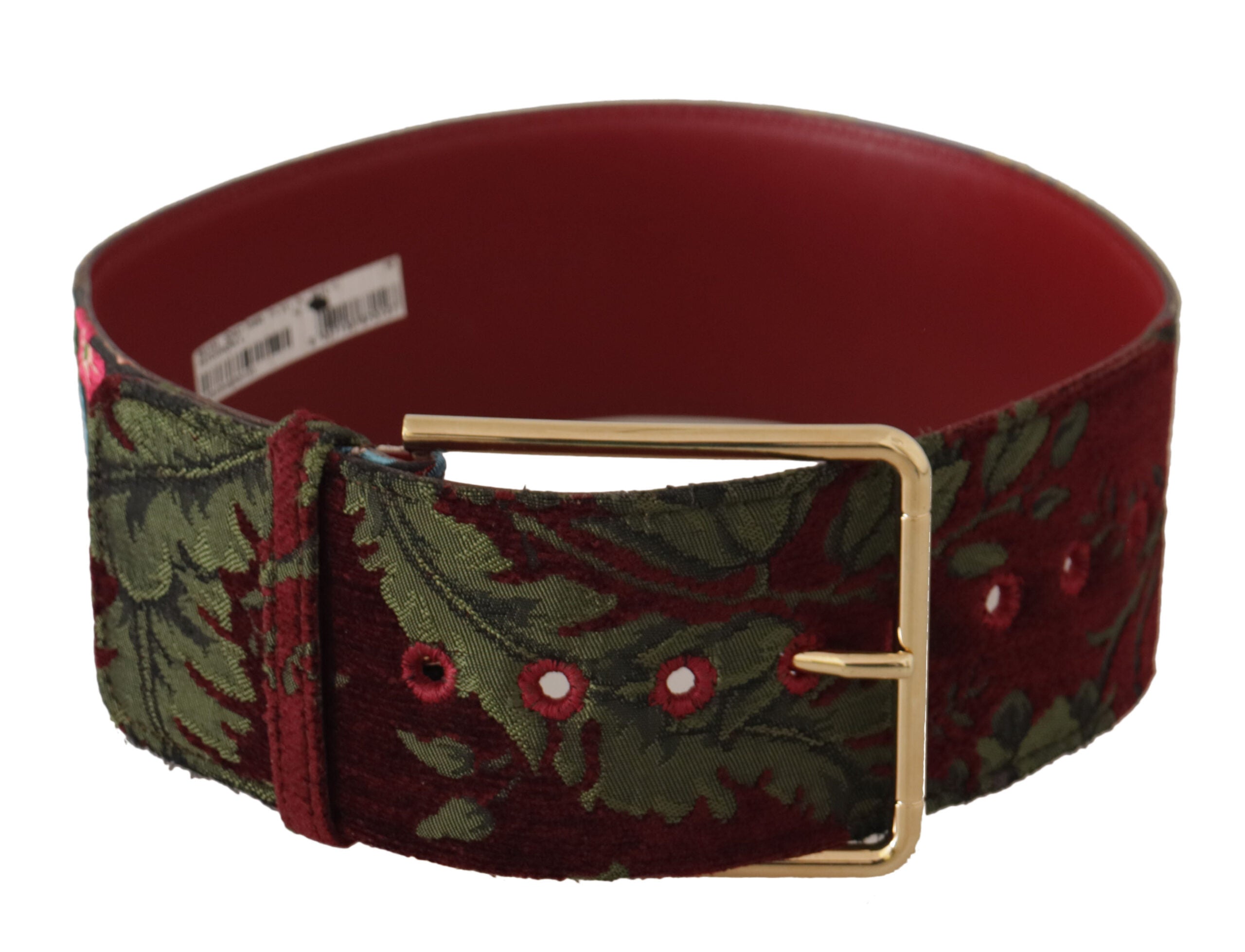 Rode geborduurde leren riem met gouden logo en metalen gesp