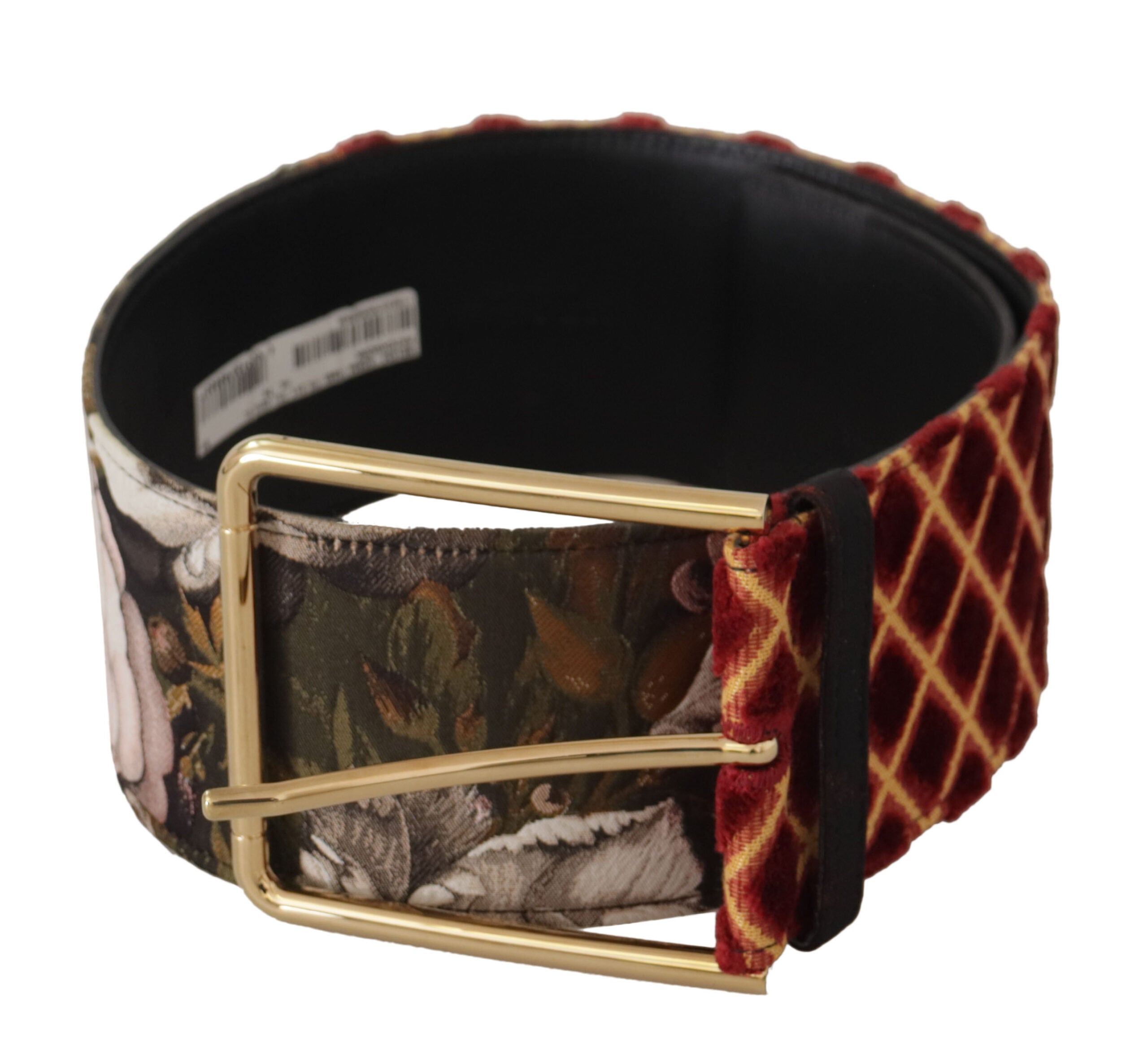 Veelkleurige brede leren riem met bloemenprint en gouden metalen gesp