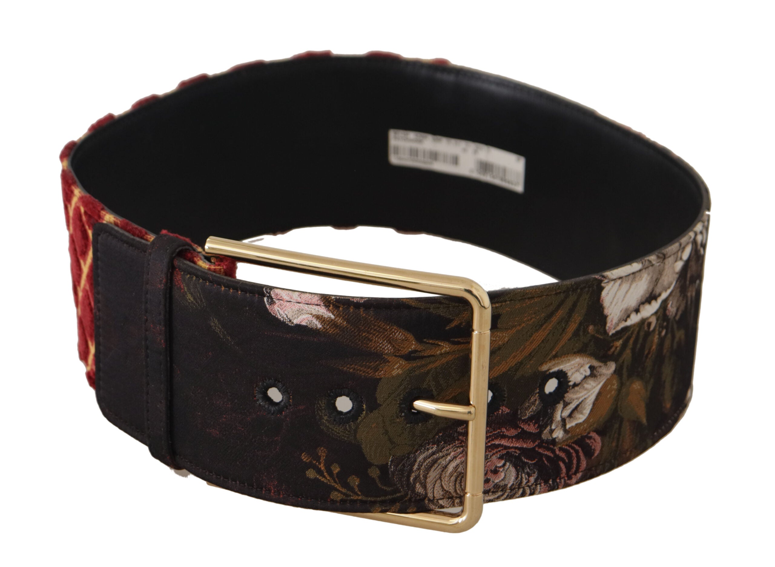 Veelkleurige brede leren riem met bloemenprint en gouden metalen gesp