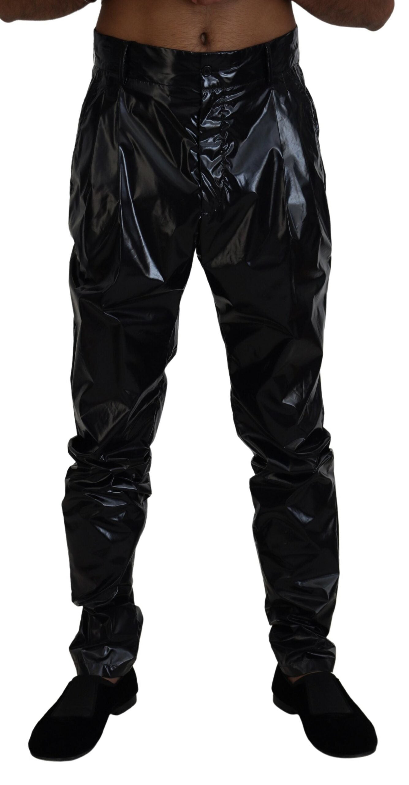 Zwarte glanzende nylon skinny herenbroek