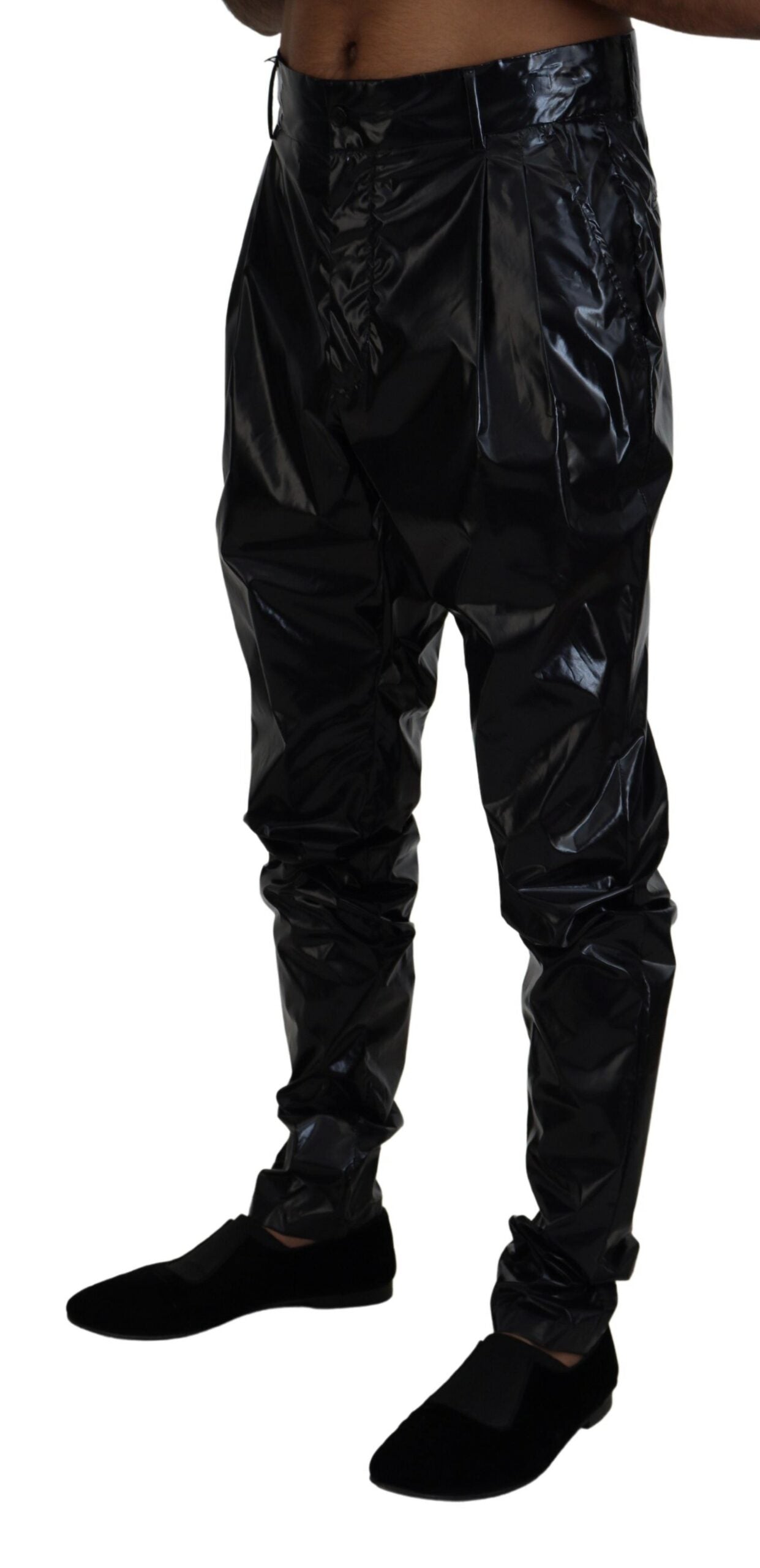 Zwarte glanzende nylon skinny herenbroek