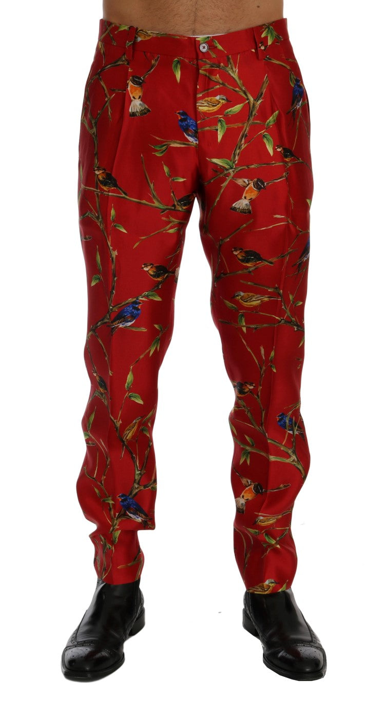 Rode zijden broek met vogelprint