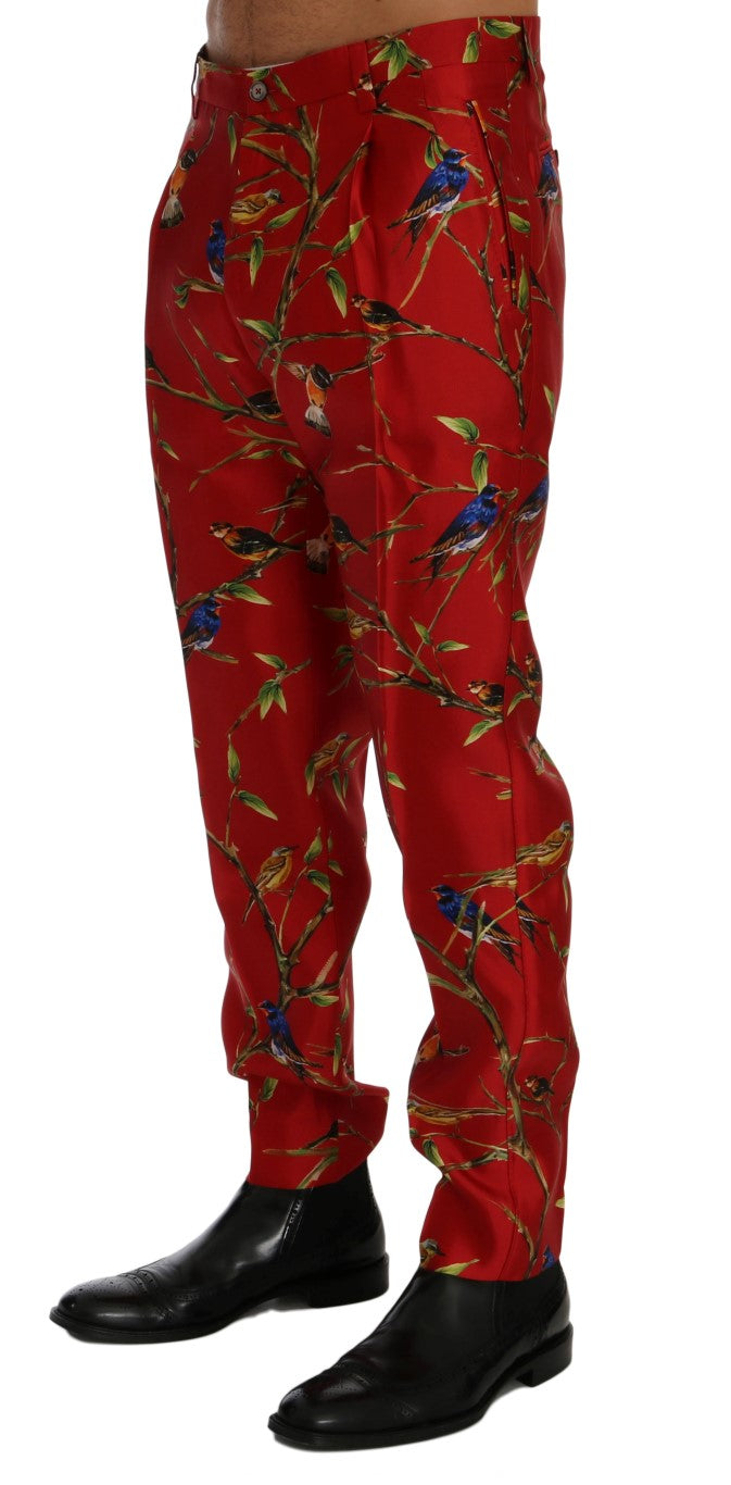 Rode zijden broek met vogelprint
