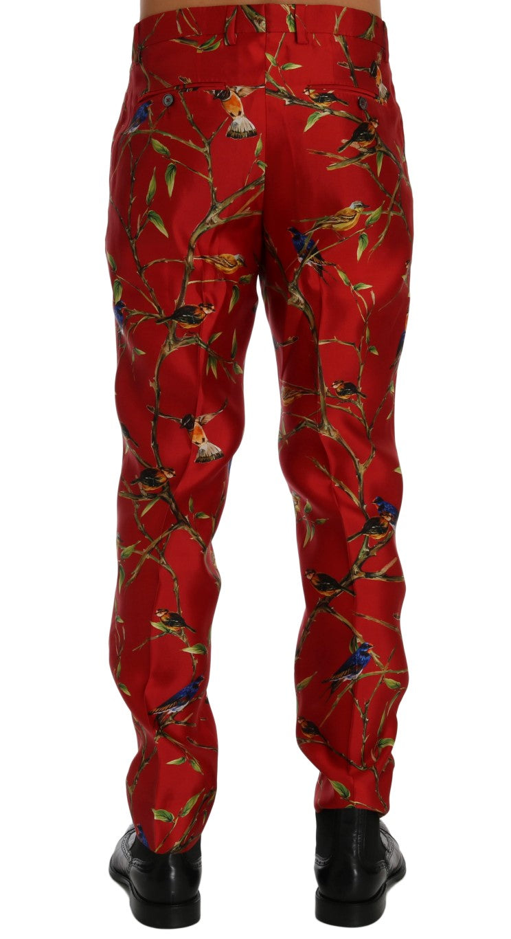 Rode zijden broek met vogelprint