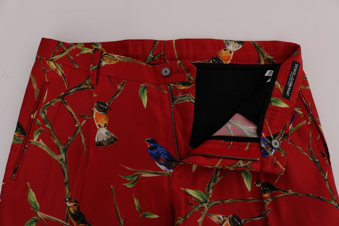 Rode zijden broek met vogelprint