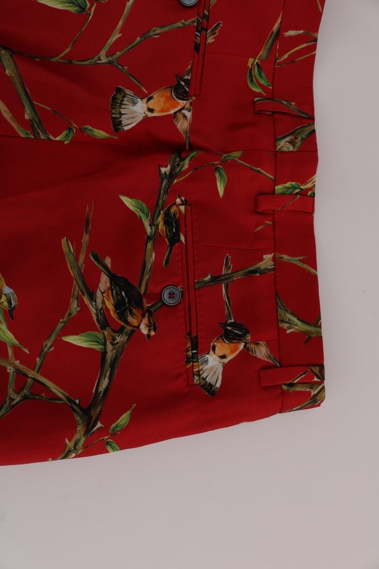 Rode zijden broek met vogelprint