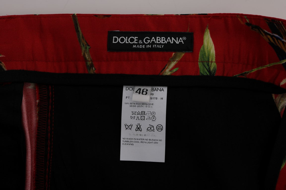 Rode zijden broek met vogelprint