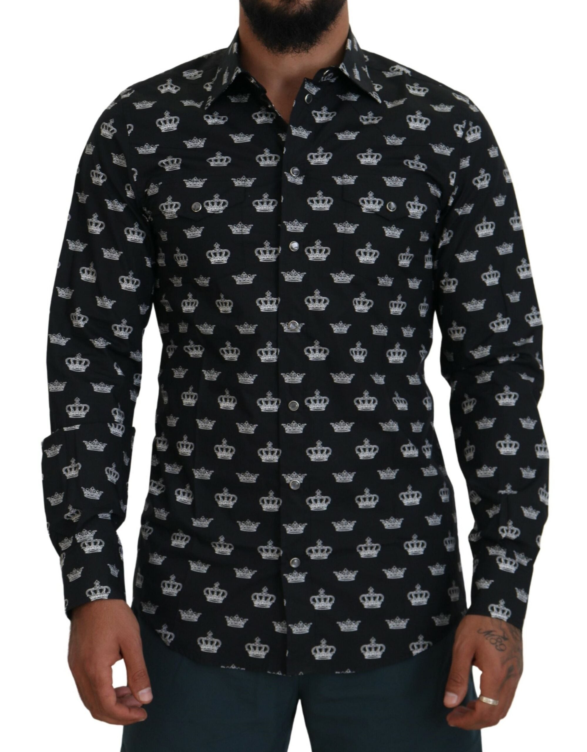 Zwarte kroonprint GOUD slim-fit overhemd