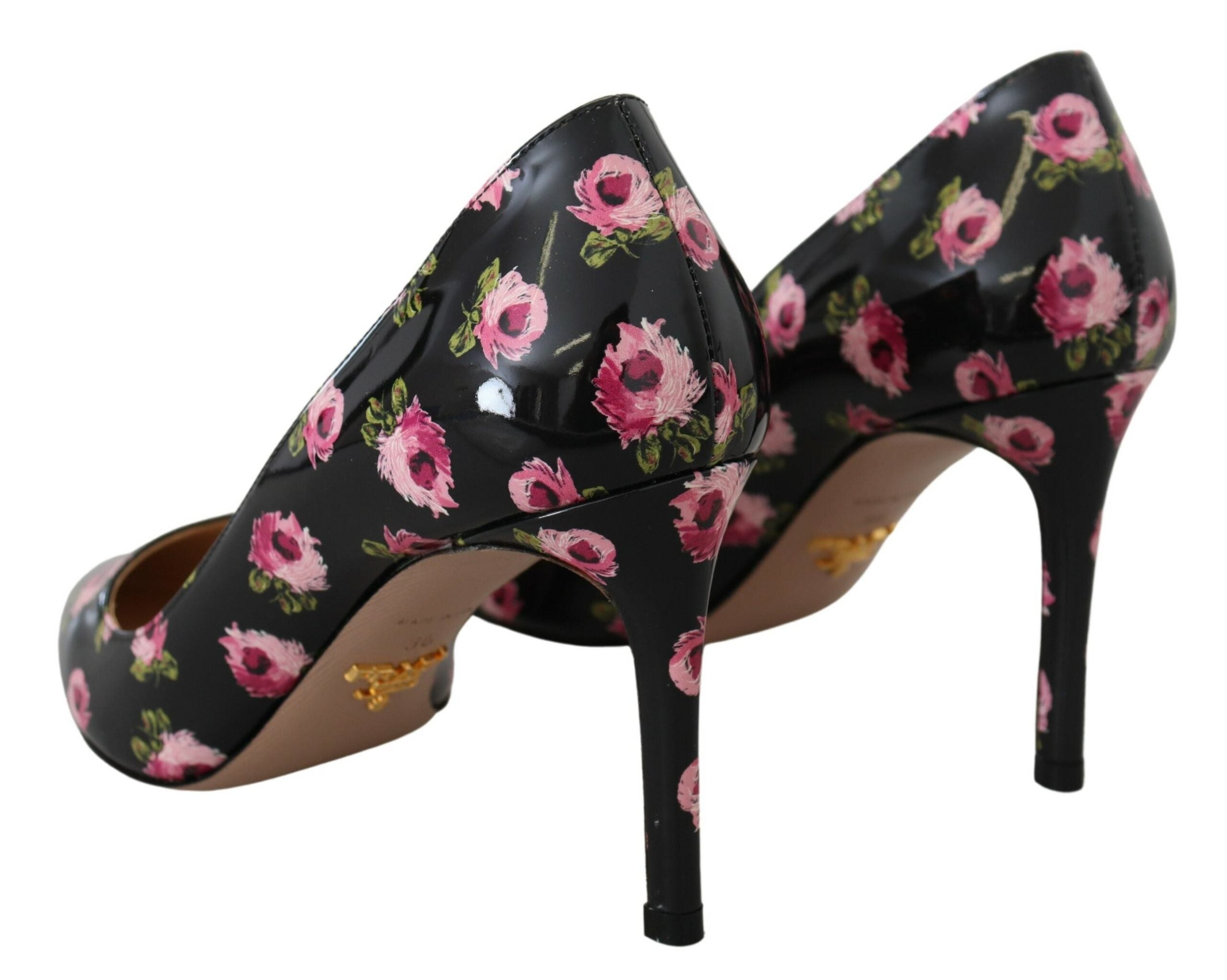 Zwarte leren bloemenhakken, stiletto's en pumps