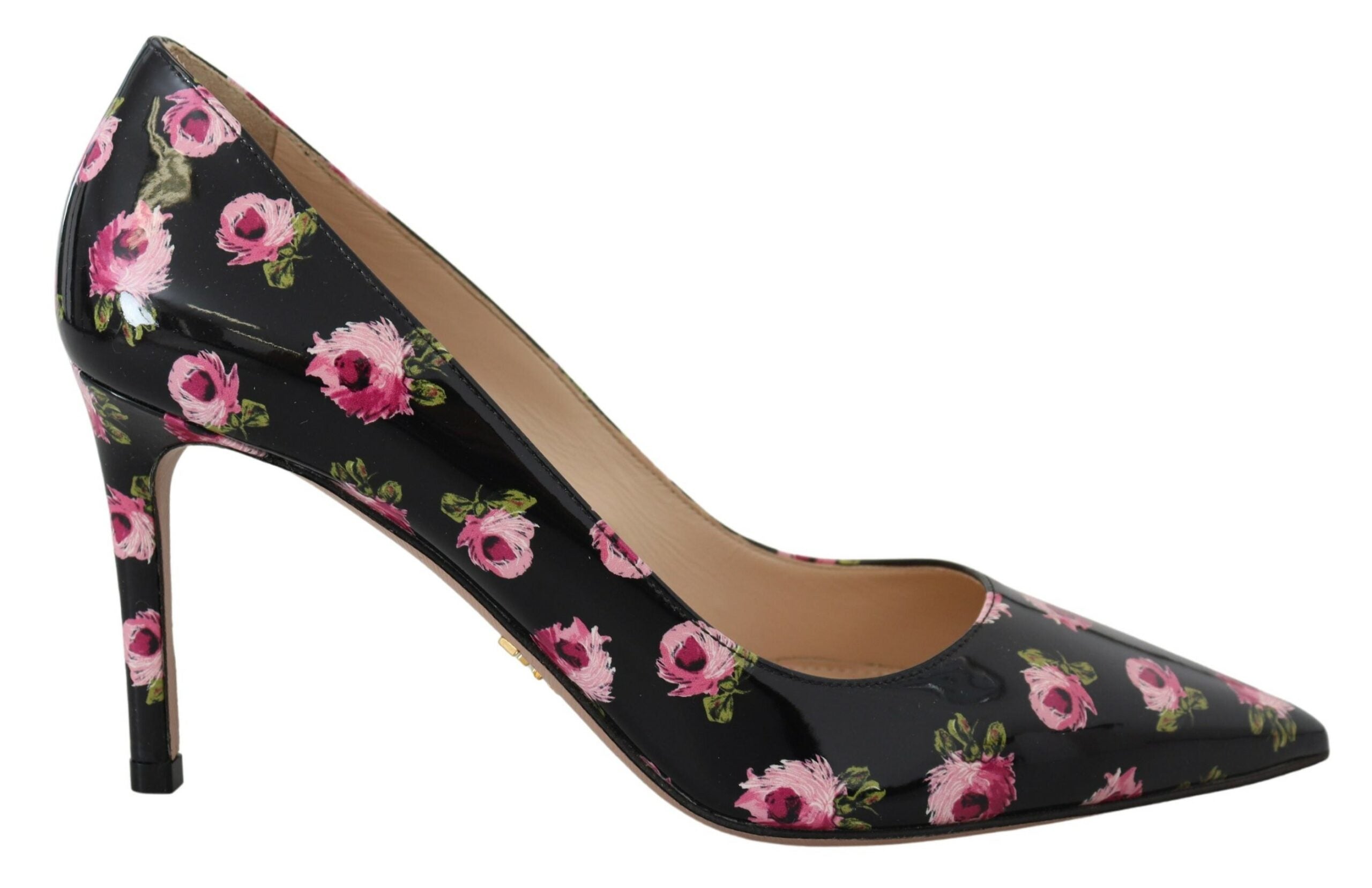 Zwarte leren bloemenhakken, stiletto's en pumps