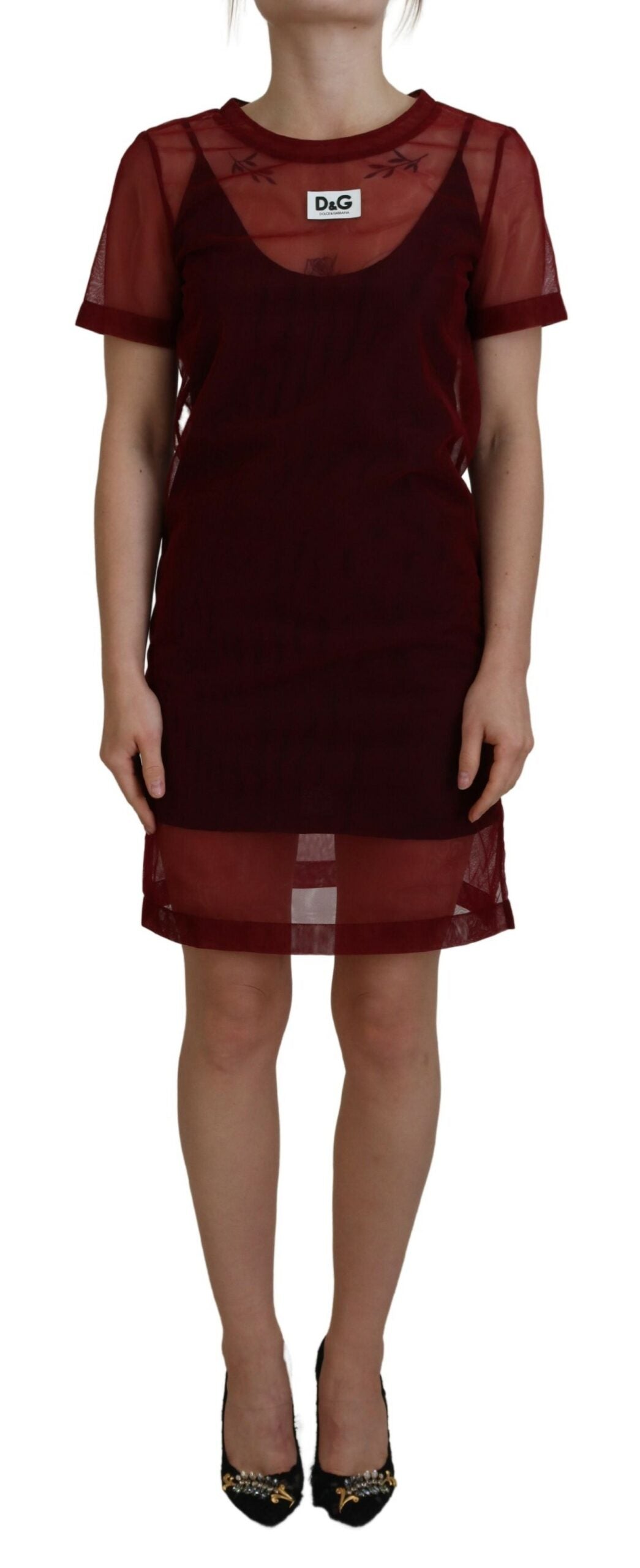 Kastanjebruine nylon tweelaagse shift mini-jurk