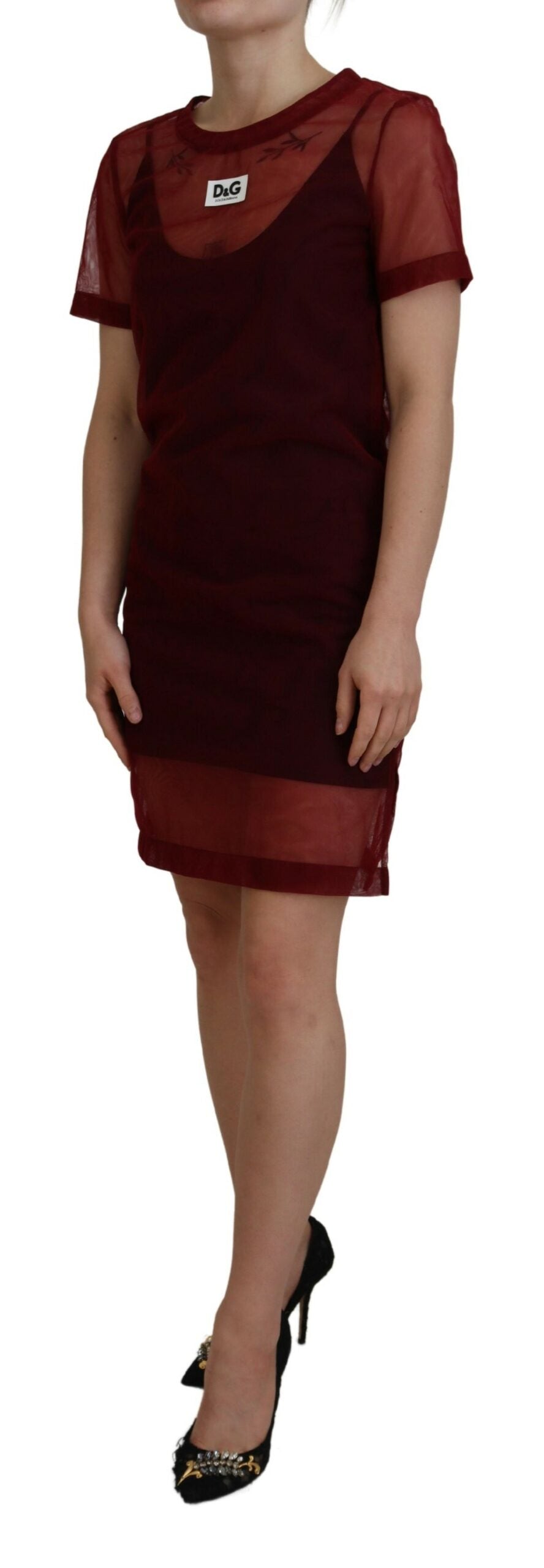 Kastanjebruine nylon tweelaagse shift mini-jurk