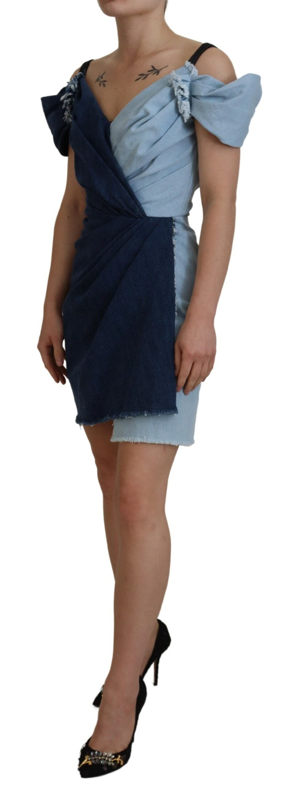 Tweekleurige blauwe patchwork denim mini-jurk
