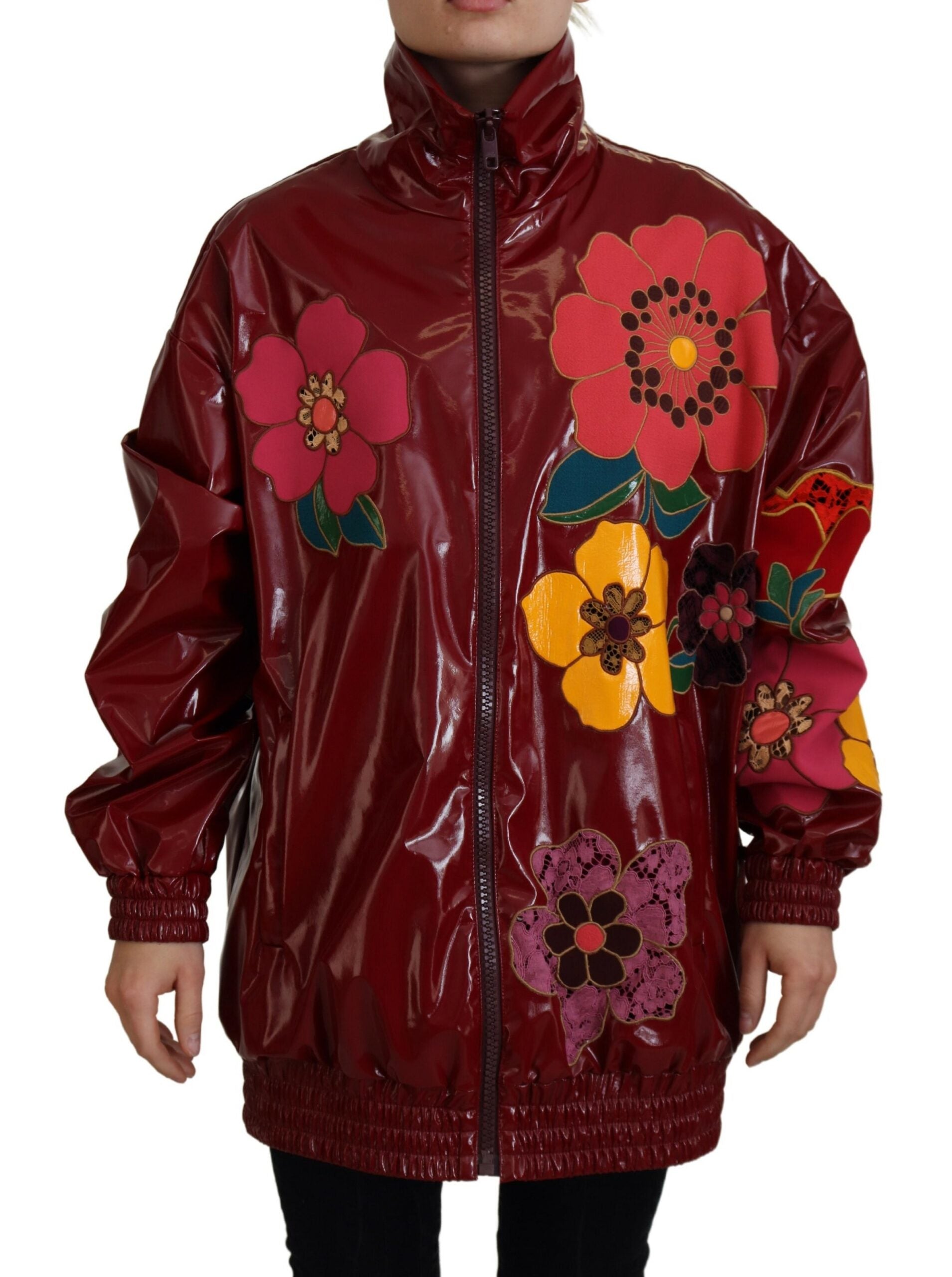 Kastanjebruine bloemen polyester damesjas met volledige ritssluiting
