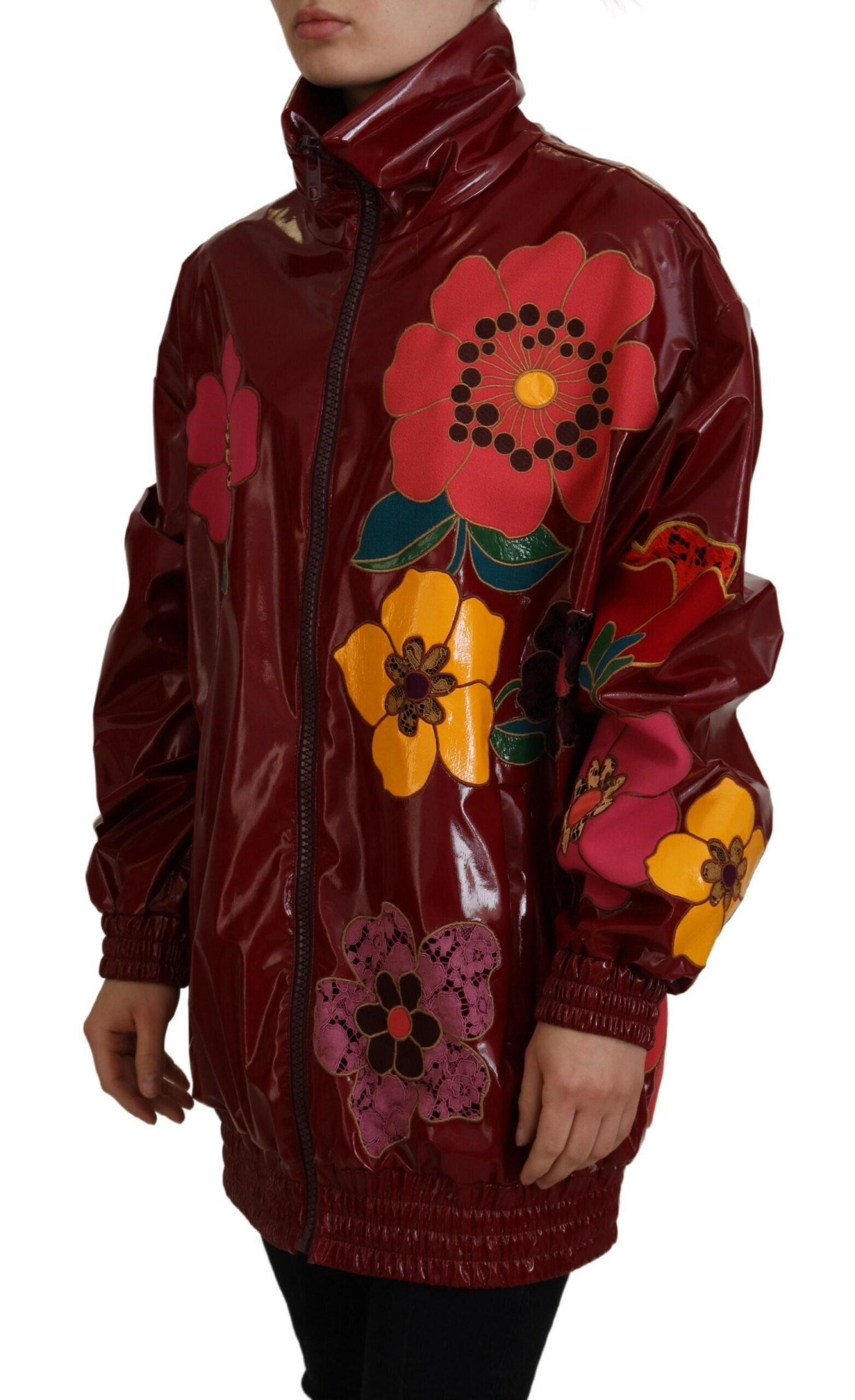 Kastanjebruine bloemen polyester damesjas met volledige ritssluiting