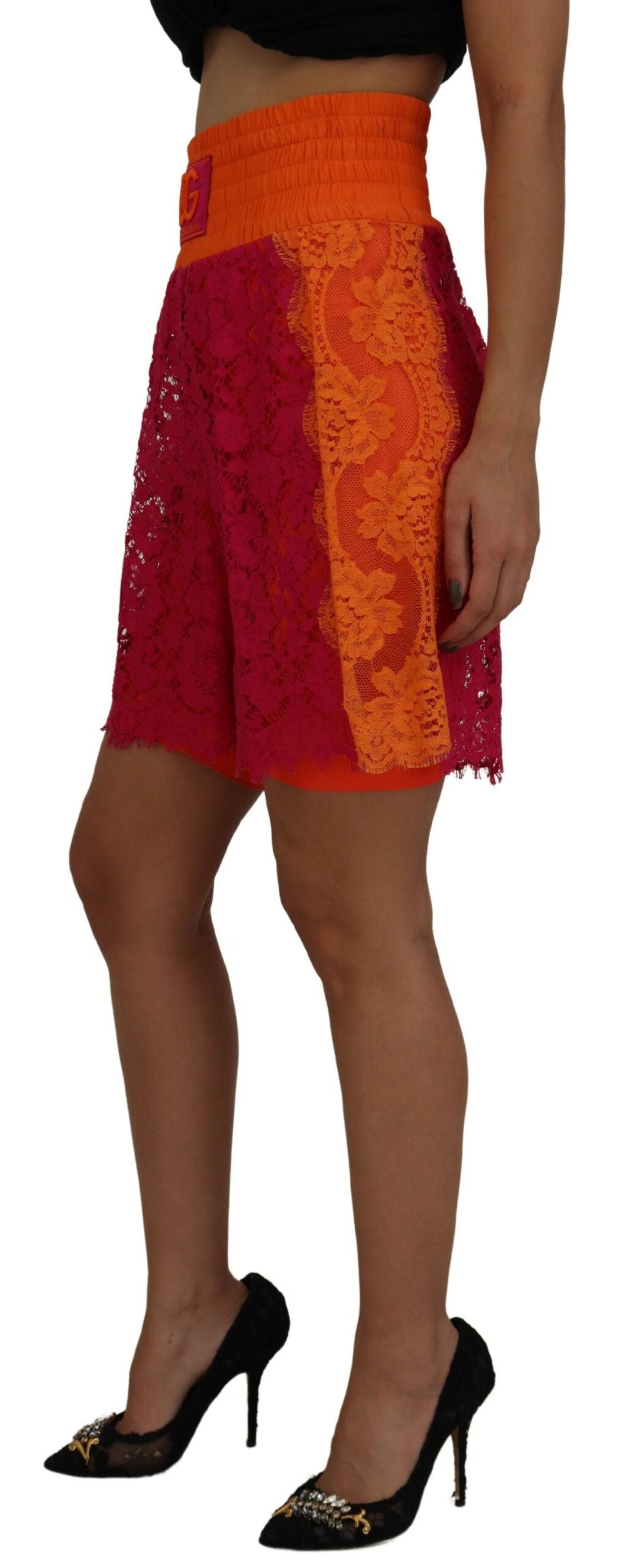 Roze oranje kanten katoenen shorts met hoge taille