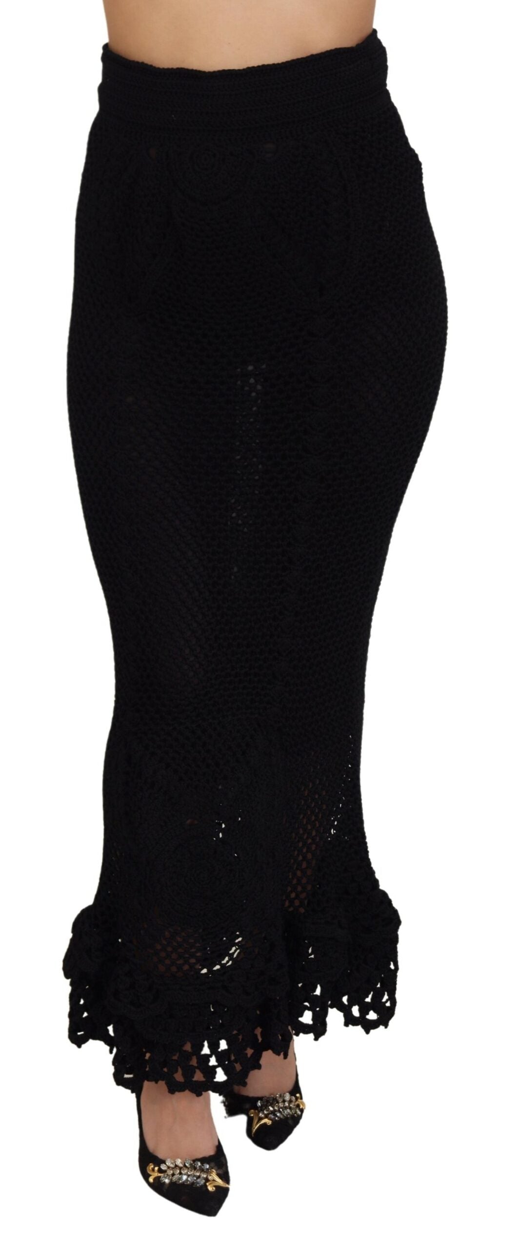 Zwarte gebreide katoenen zeemeerminrok met hoge taille