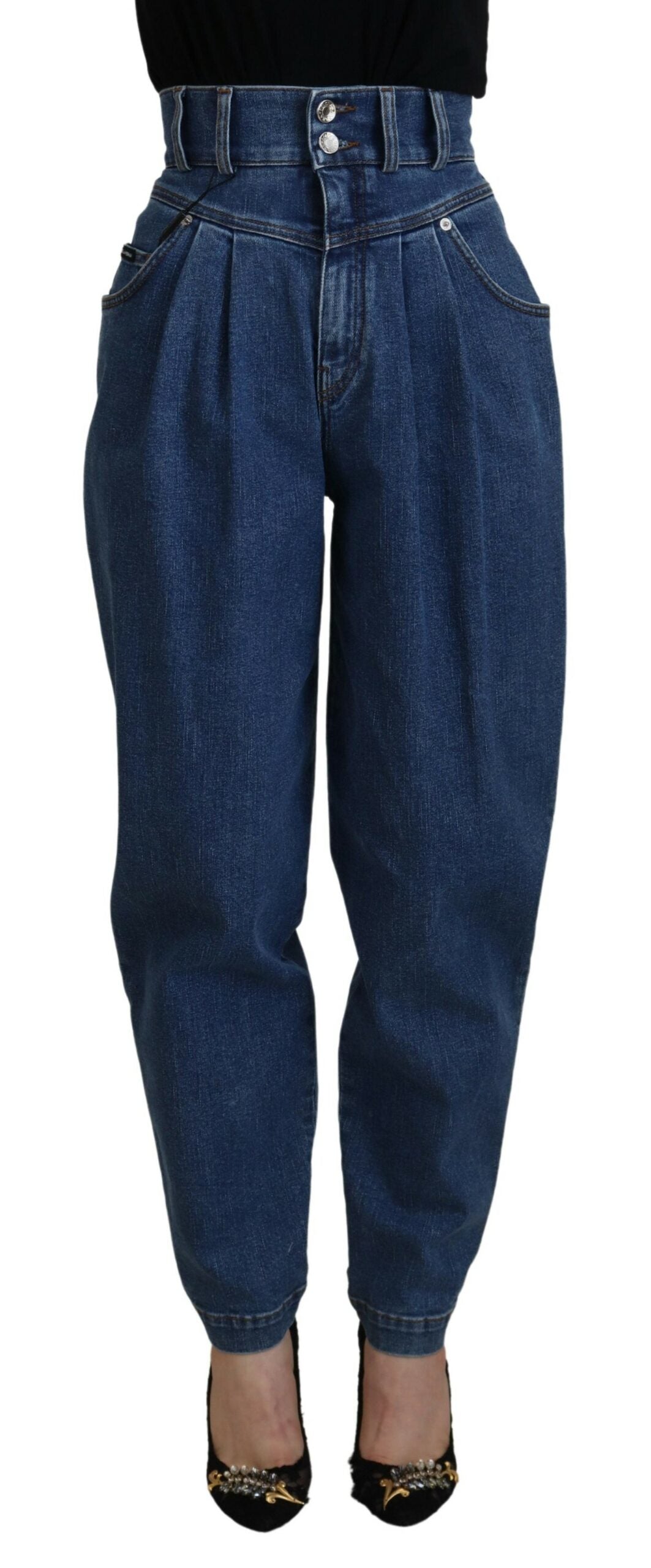 Blauwe jeans met hoge taille en stretchkatoen
