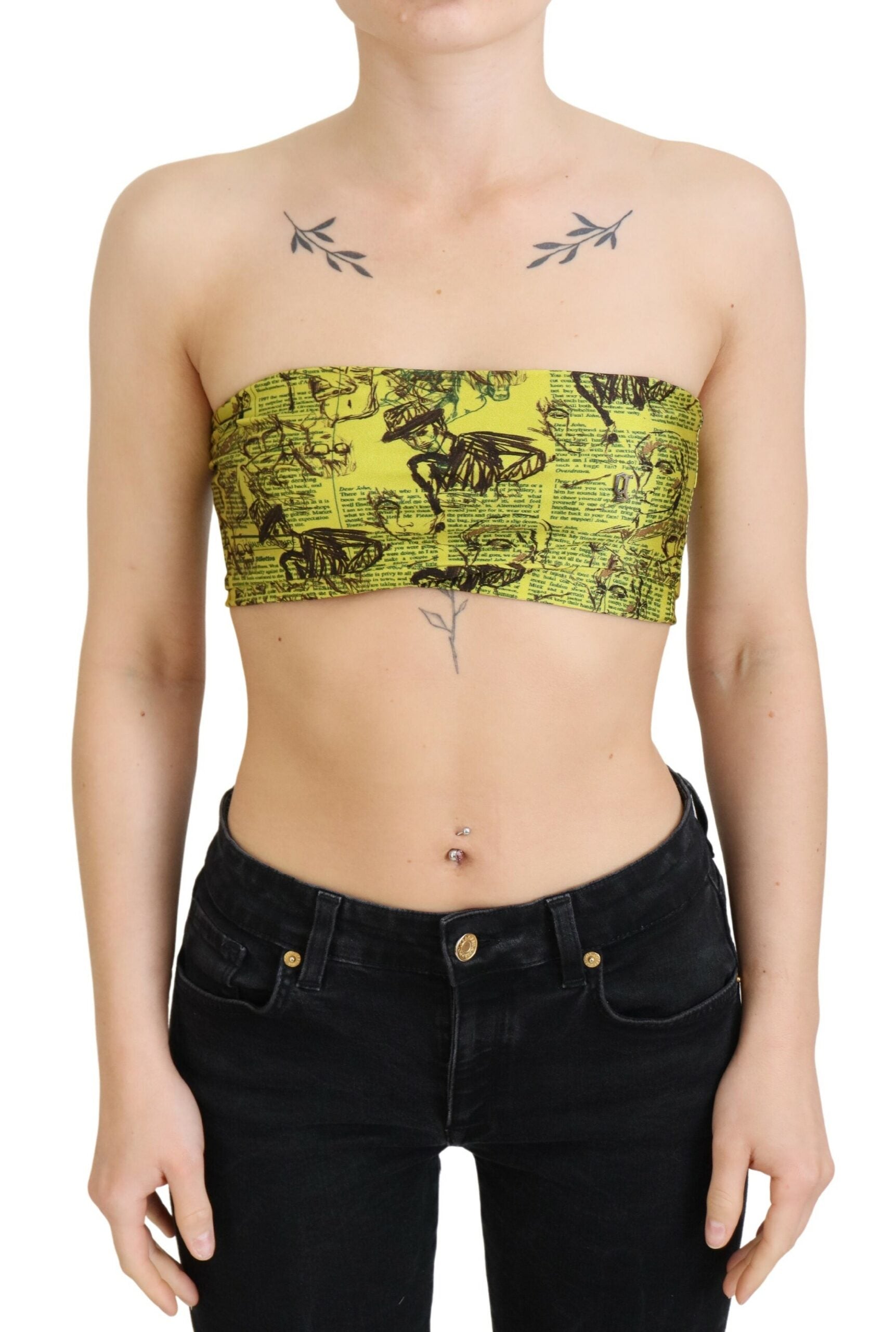Gele cropped blouse met krantenprint