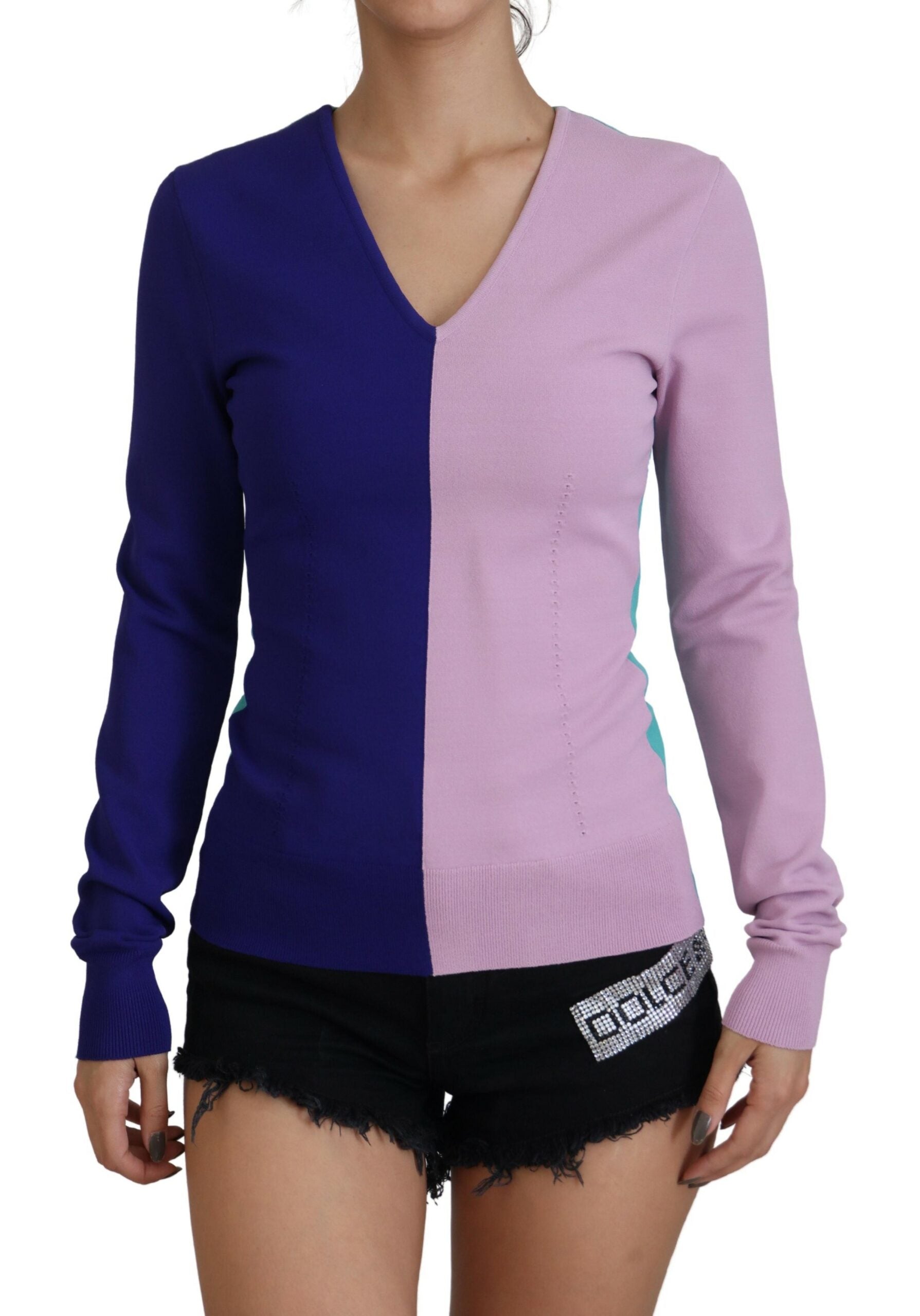 Veelkleurige V-hals viscose trui met lange mouwen