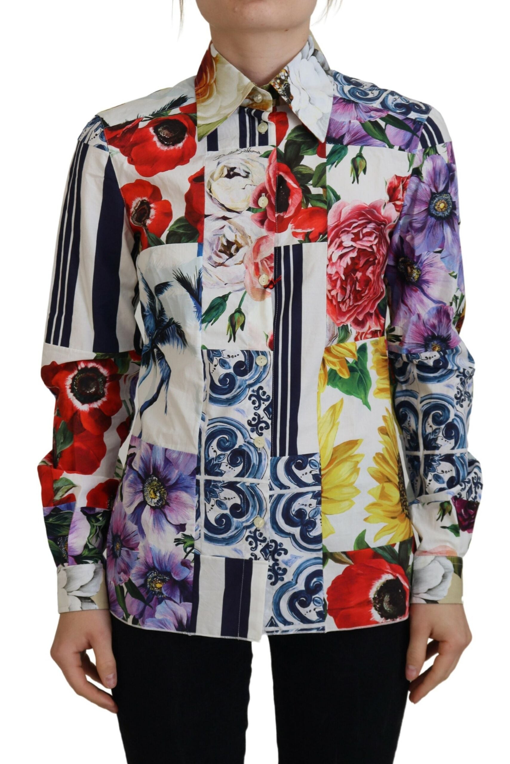 Veelkleurige katoenen blouse met bloemenprint en kraag