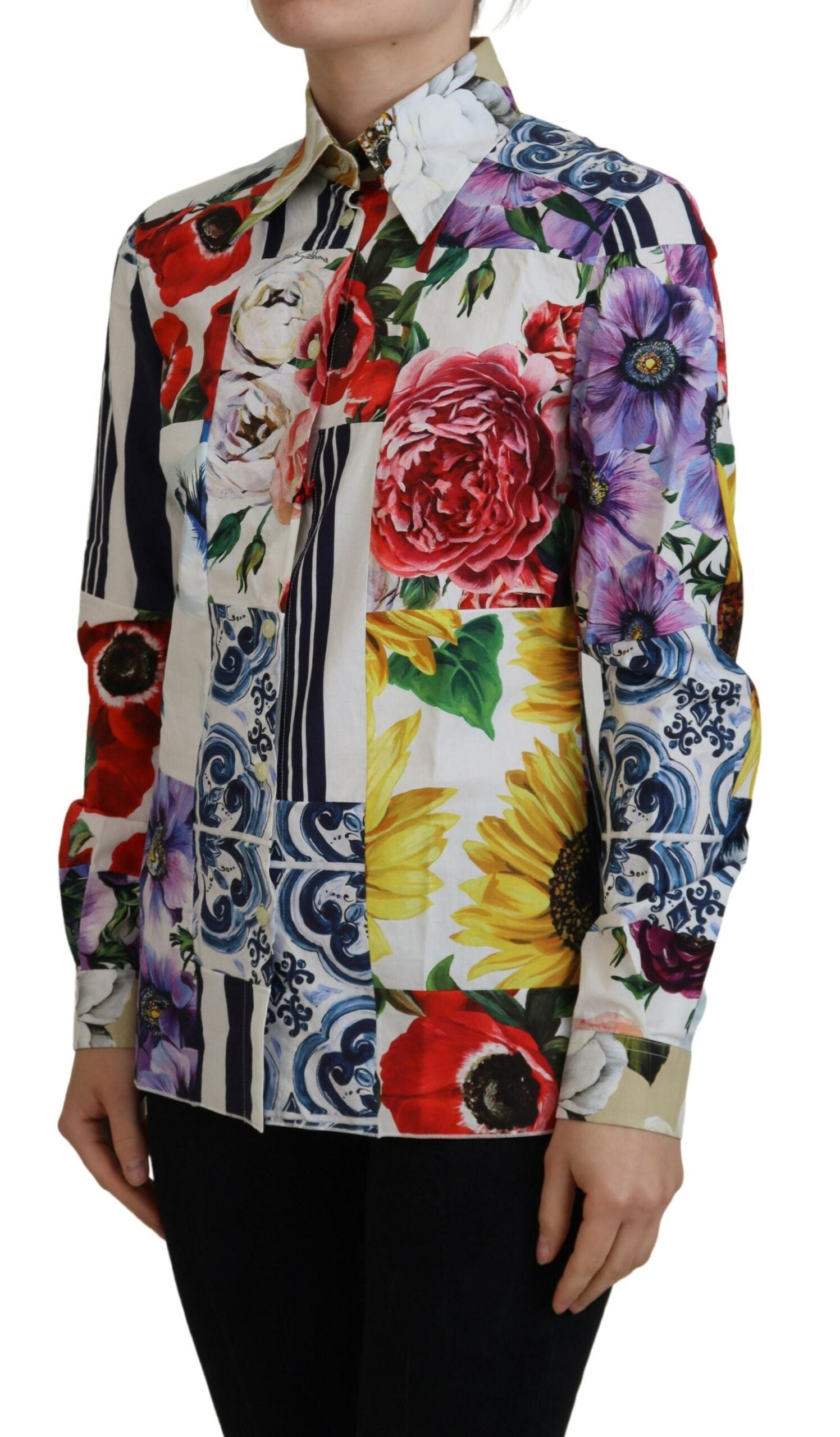 Veelkleurige katoenen blouse met bloemenprint en kraag
