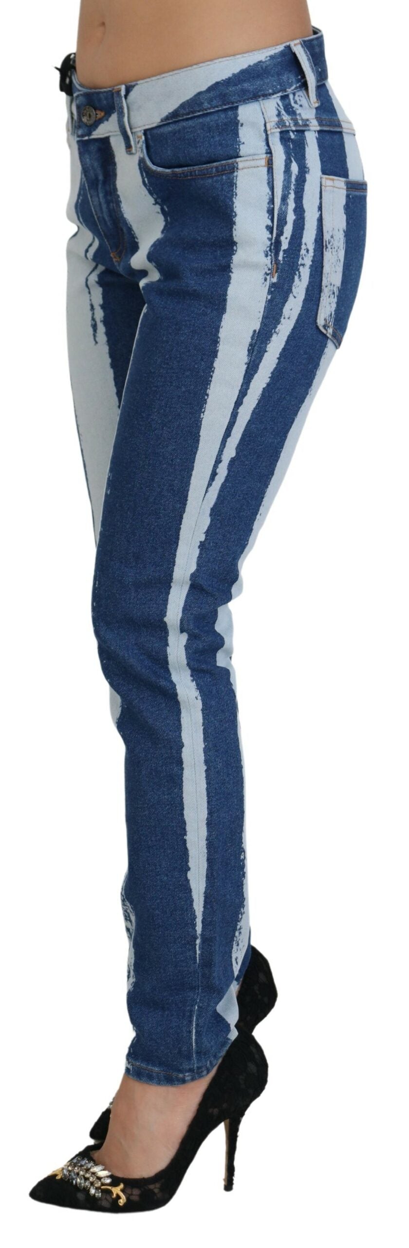 Kobaltblauwe gestreepte skinny denim katoenen jeans