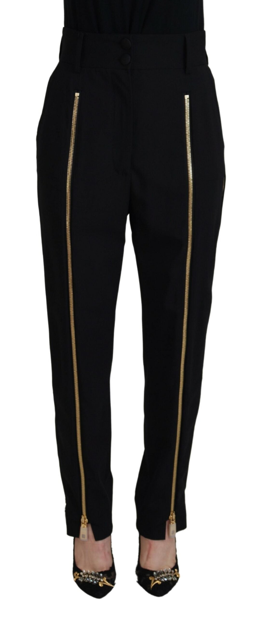 Zwarte wollen hoge taille taps toelopende broek