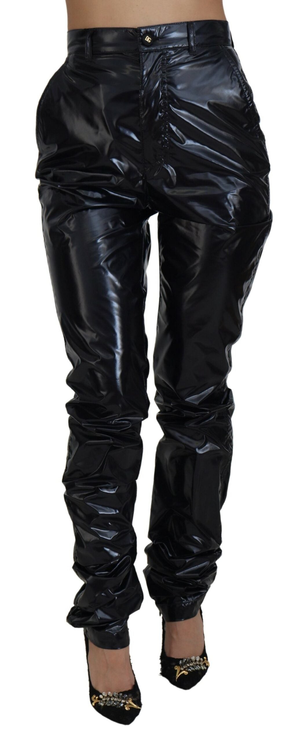 Zwarte nylon skinny broek met hoge taille