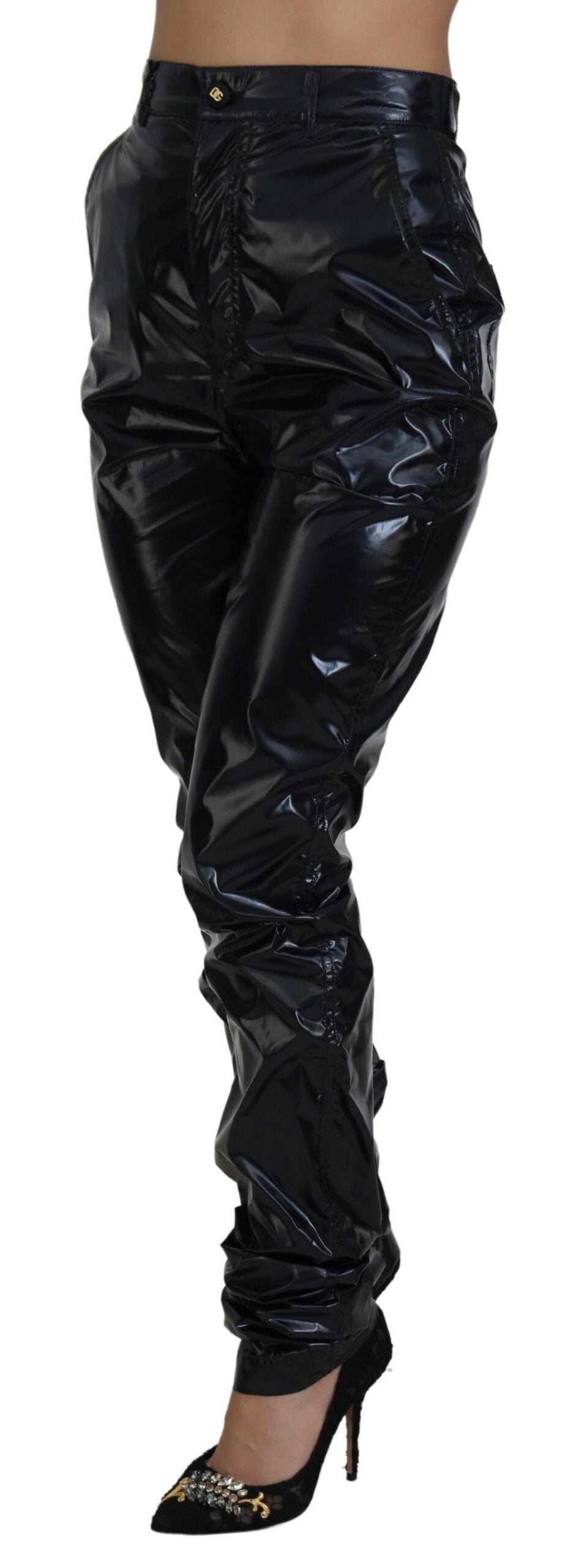 Zwarte nylon skinny broek met hoge taille