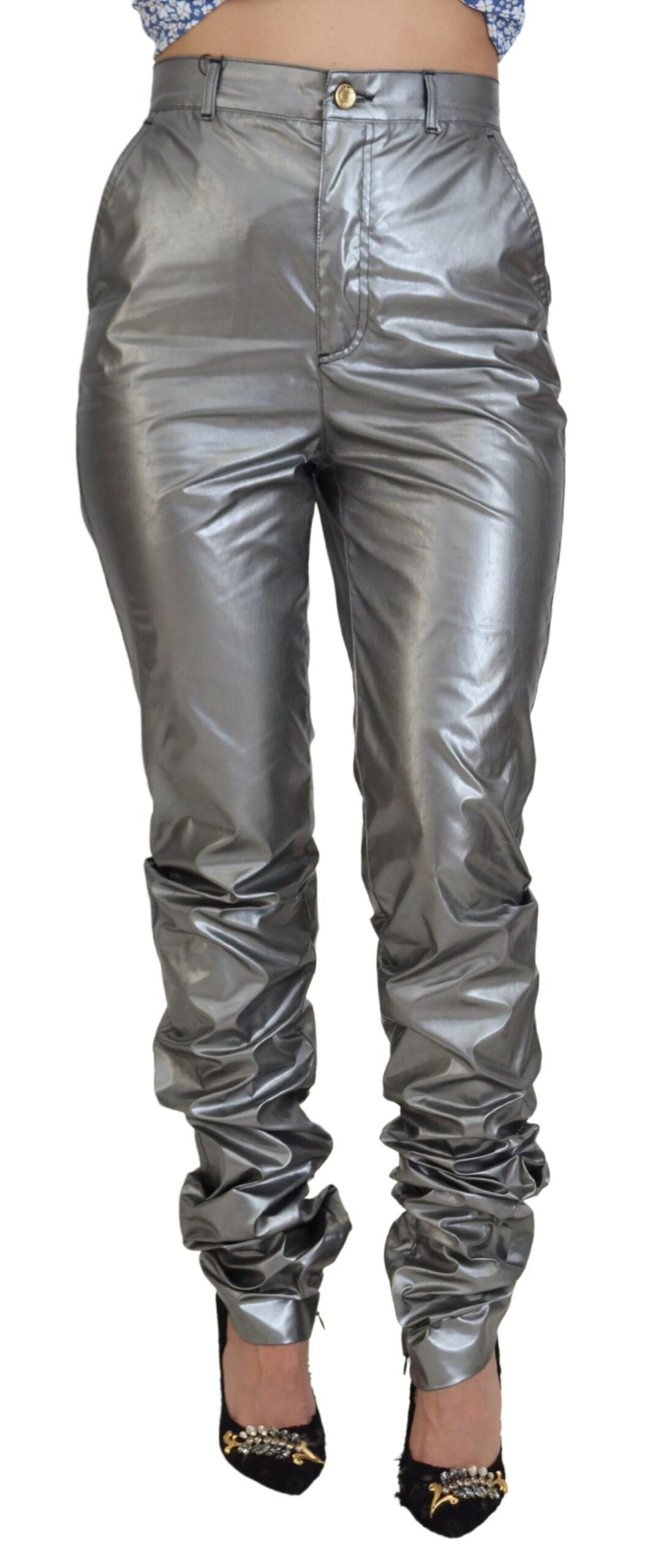 Metallic zilveren skinny broek met hoge taille