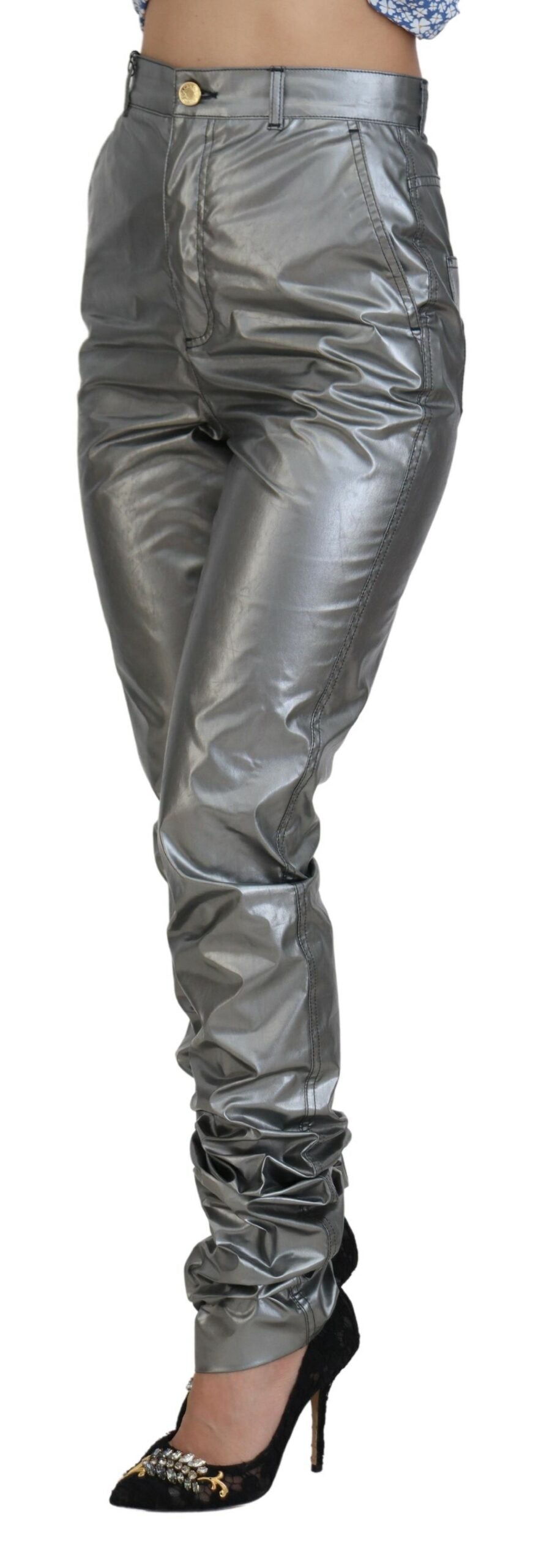 Metallic zilveren skinny broek met hoge taille